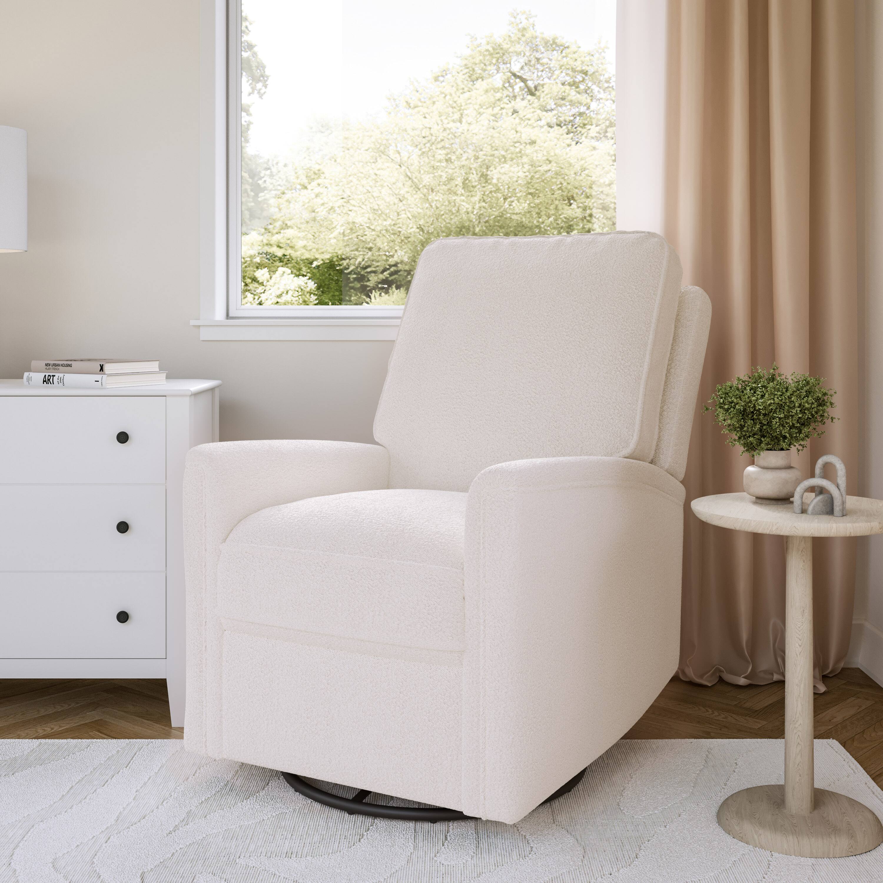 Alt View 1. CorLiving - Jasmine Boucle Fabric Upholstered Plush Cushioned Glider Swivel Manual Indoor Recliner - White.