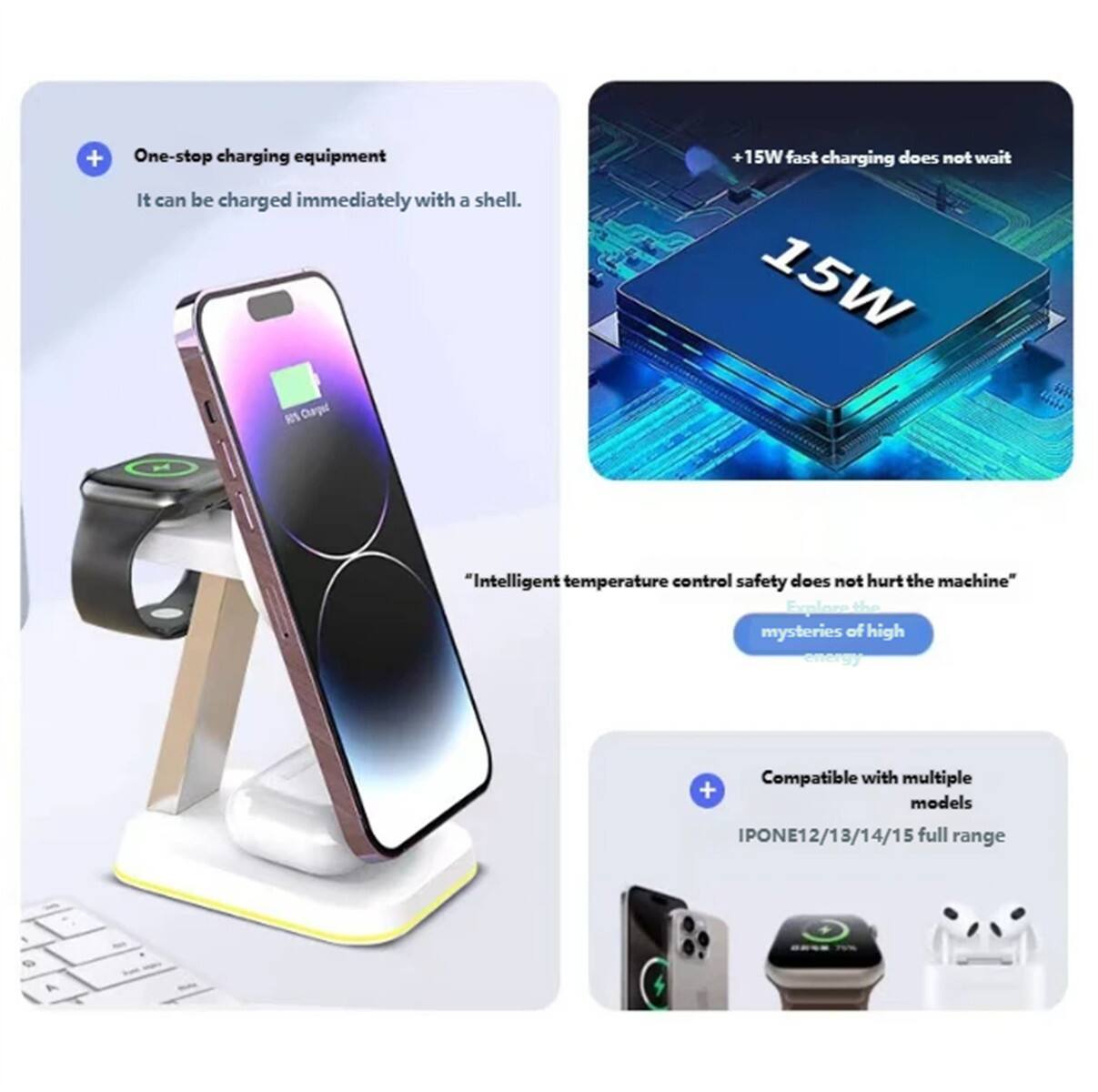 - One-stop charging equipment
  - It can be charged immediately with a shell.

- 15W fast charging does not wait

- "Intelligent temperature control safety does not hurt the machine"
  - Explore the mysteries of high energy

- Compatible with multiple models
  - IPHONE12/13/14/15 full range
