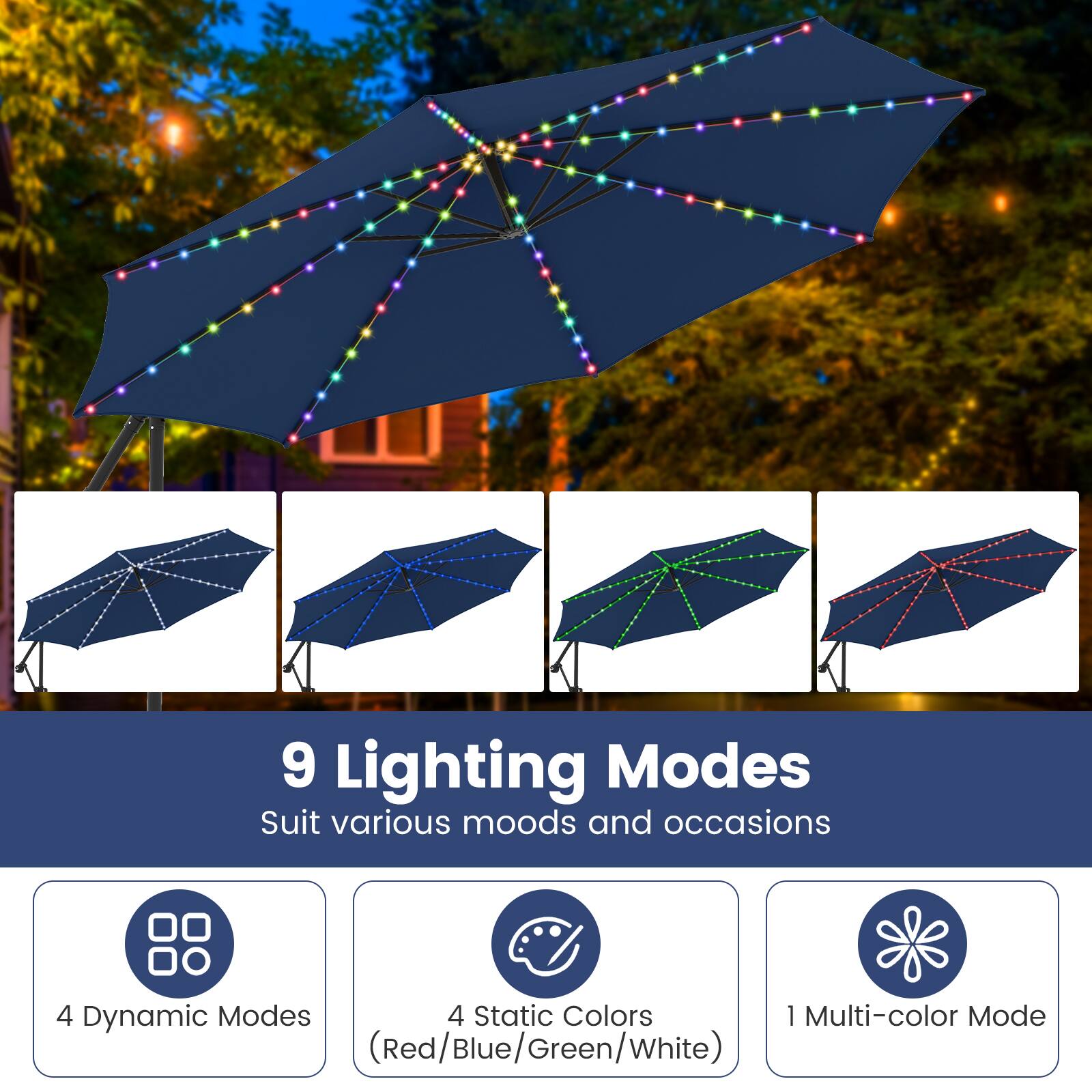 9 Lighting Modes  
Suit various moods and occasions  

4 Dynamic Modes  
4 Static Colors (Red/Blue/Green/White)  
1 Multi-color Mode