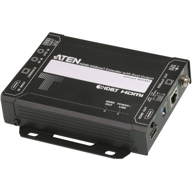 ATEN HDMI HDBaseT Extender with Dual Output  
VanCryst VE814AT  

HDMI IN  
IR IN  
IR OUT  
ETHERNET  
HDMI OUT  
POWER / LINK  
HDMI OUT  
DC IN  
HDBT OUT