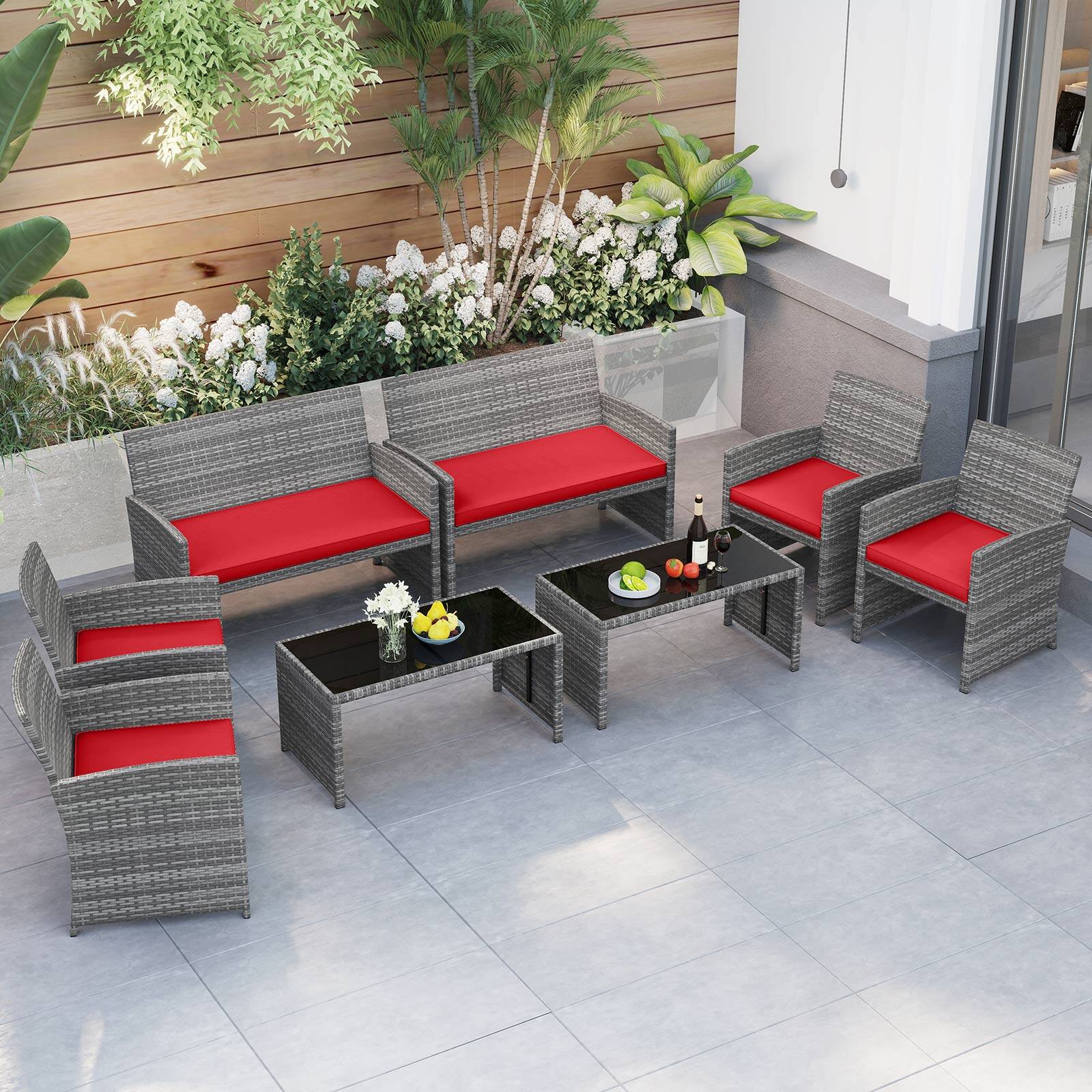 Alt View 1. Gymax - Gymax 2PCS 4 Piece Patio Furniture Set Outdoor Wicker Conversation Set w/ Tempered Glass Coffee Table - Red.
