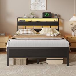 Furnulem - Bed Frame with 2-Tier Shelves Charging Station LED Lights Metal Slats Wood Headboard - Black