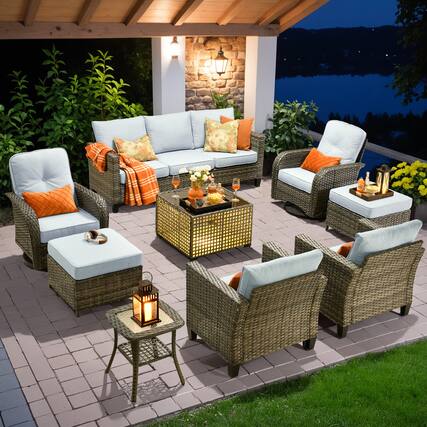 Front. Ovios - 9 PCS Patio Furniture Set, Rattan Sofa with Swivel Chair, Ottoman & Coffee Table for Garden - Gray.