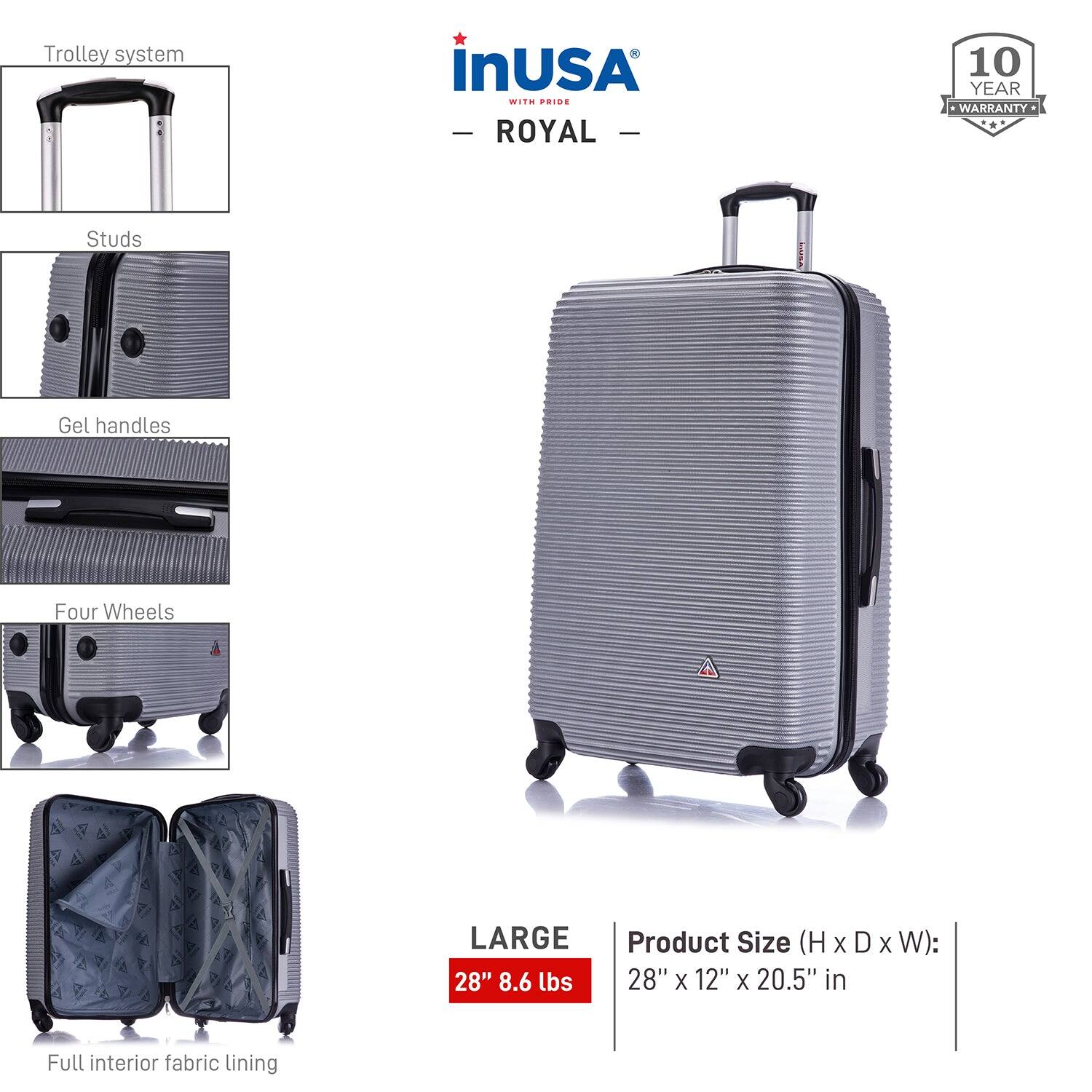 - Trolley system
- Studs
- Gel handles
- Four Wheels
- Full interior fabric lining

LARGE  
28" 8.6 lbs

Product Size (H x D x W):  
28" x 12" x 20.5" in

InUSA  
WITH PRIDE  
ROYAL

10 YEAR WARRANTY
