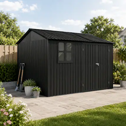 Front. Anysun - 12x10 ft Metal Outdoor Storage Shed with Window, Includes Goods Shelves, Lamp Hanging Hole & Foldable Worktable - Black.