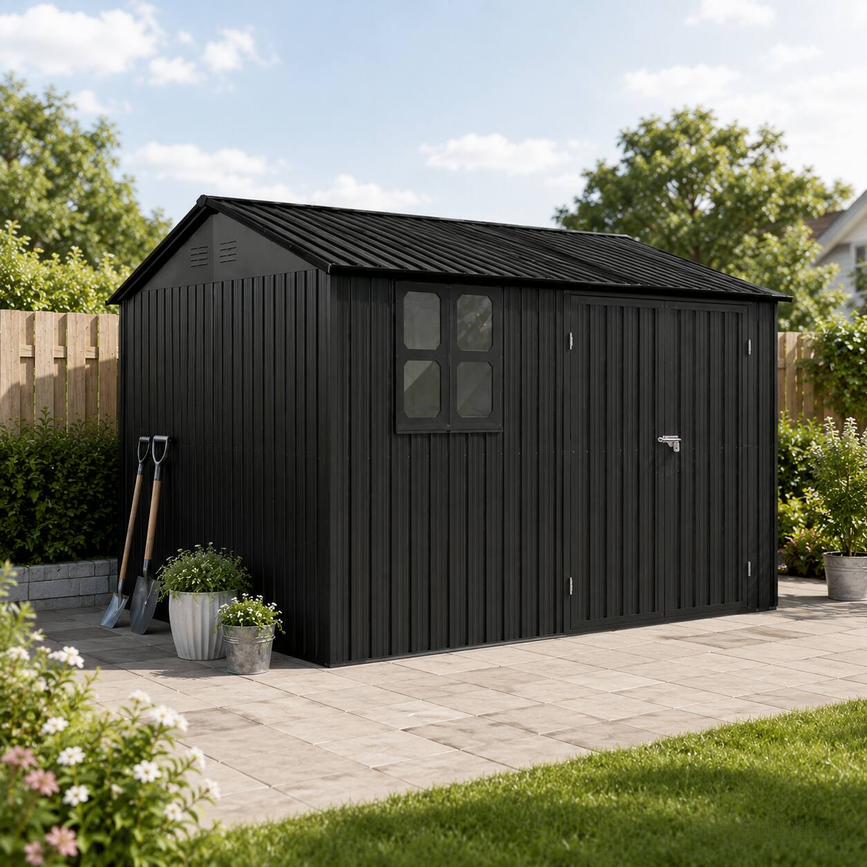 Anysun - 12x10 ft Metal Outdoor Storage Shed with Window, Includes Goods Shelves, Lamp Hanging Hole & Foldable Worktable - Black