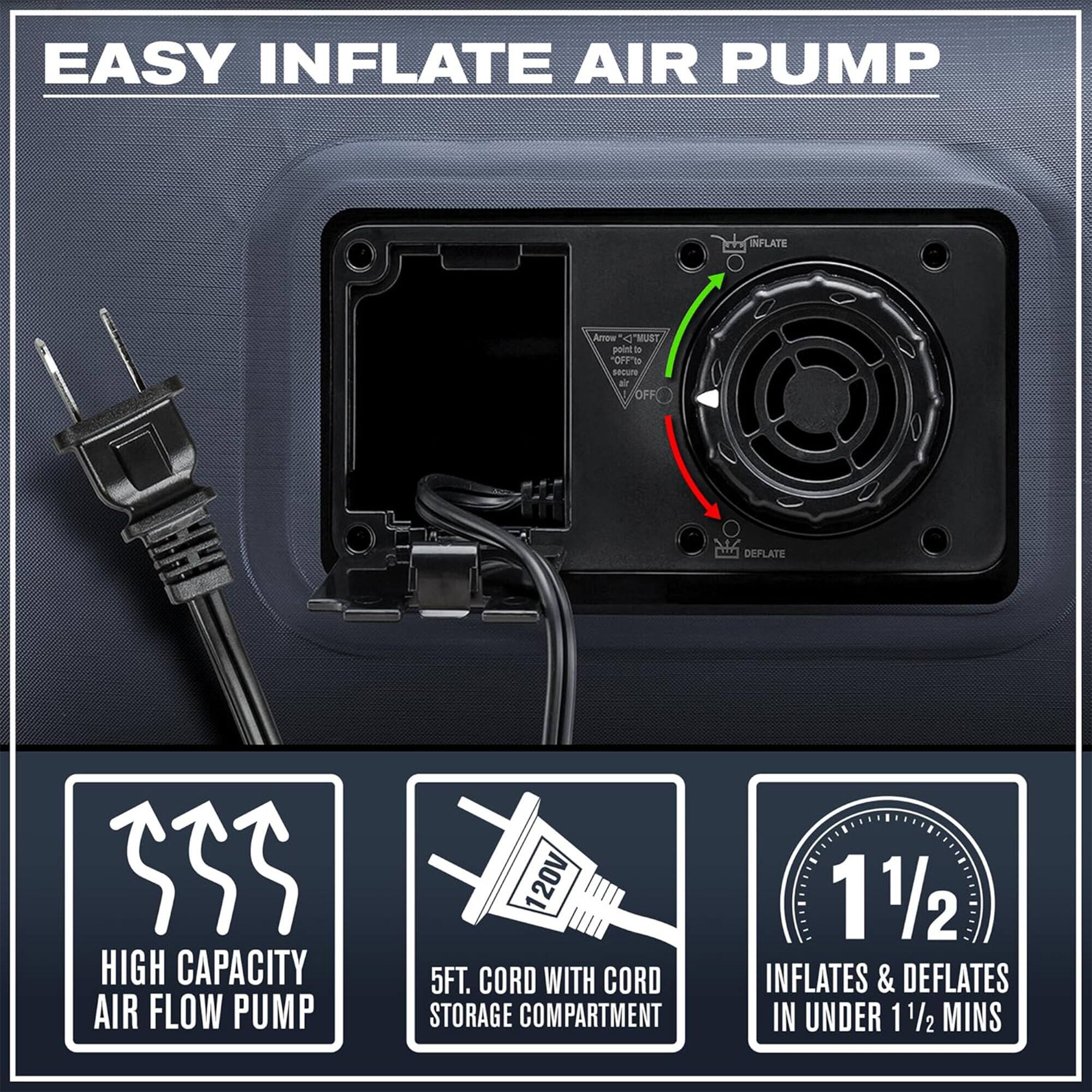 EASY INFLATE AIR PUMP

HIGH CAPACITY AIR FLOW PUMP
120V
5FT. CORD WITH CORD STORAGE COMPARTMENT
INFLATES & DEFLATES IN UNDER 1 1/2 MINS
