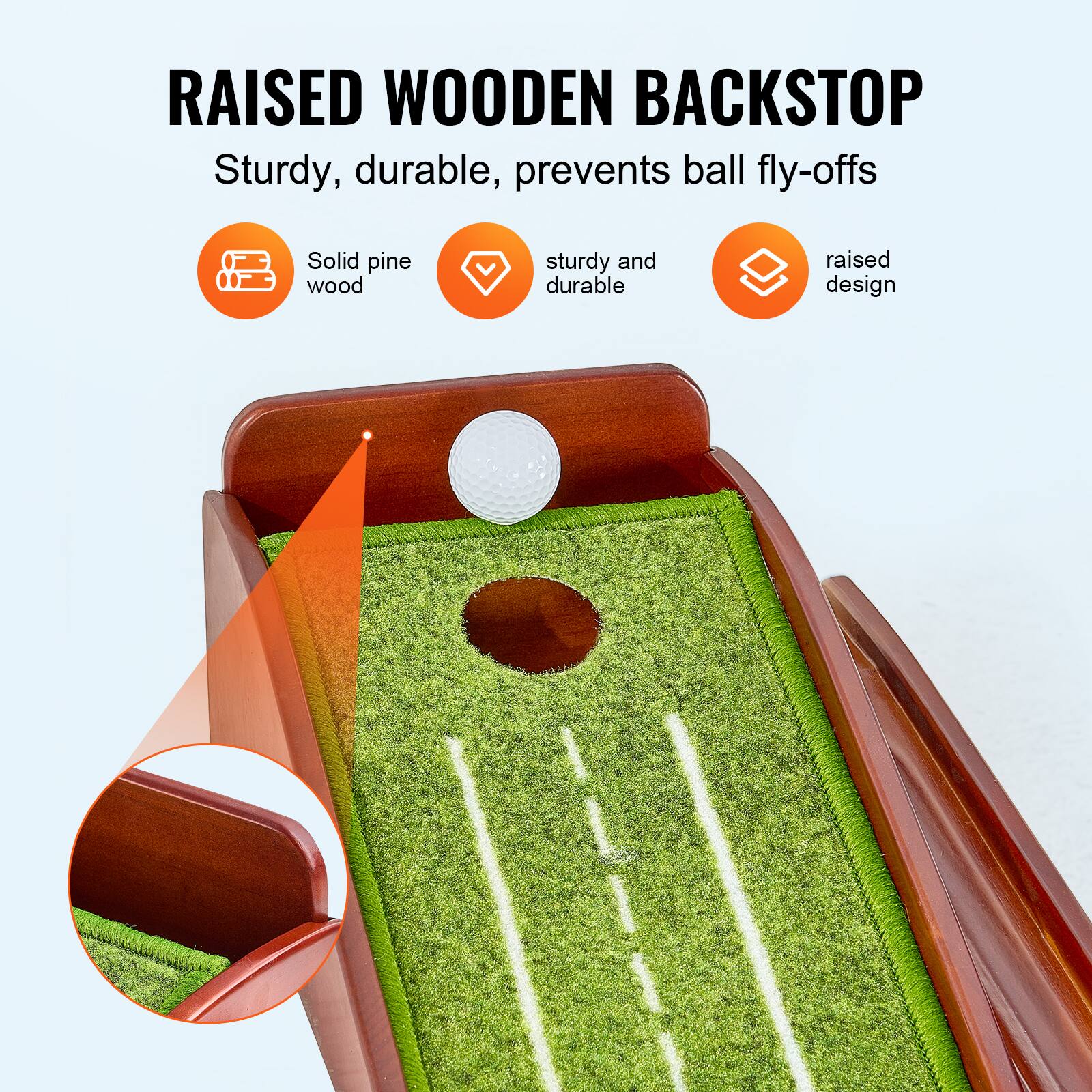 RAISED WOODEN BACKSTOP  
Sturdy, durable, prevents ball fly-offs  

- Solid pine wood  
- Sturdy and durable  
- Raised design