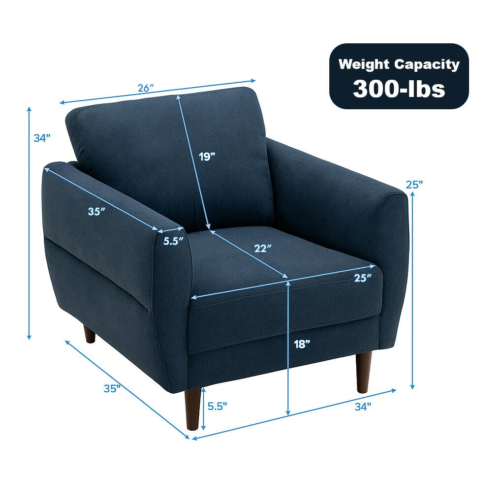 Weight Capacity: 300-lbs

Dimensions:
- Height: 34"
- Width: 35"
- Depth: 34"
- Seat Height: 18"
- Seat Depth: 22"
- Arm Height: 26"
- Arm Width: 19"
- Back Height: 35"
- Back Width: 25"
- Seat Width: 25"
- Leg Height: 5.5"