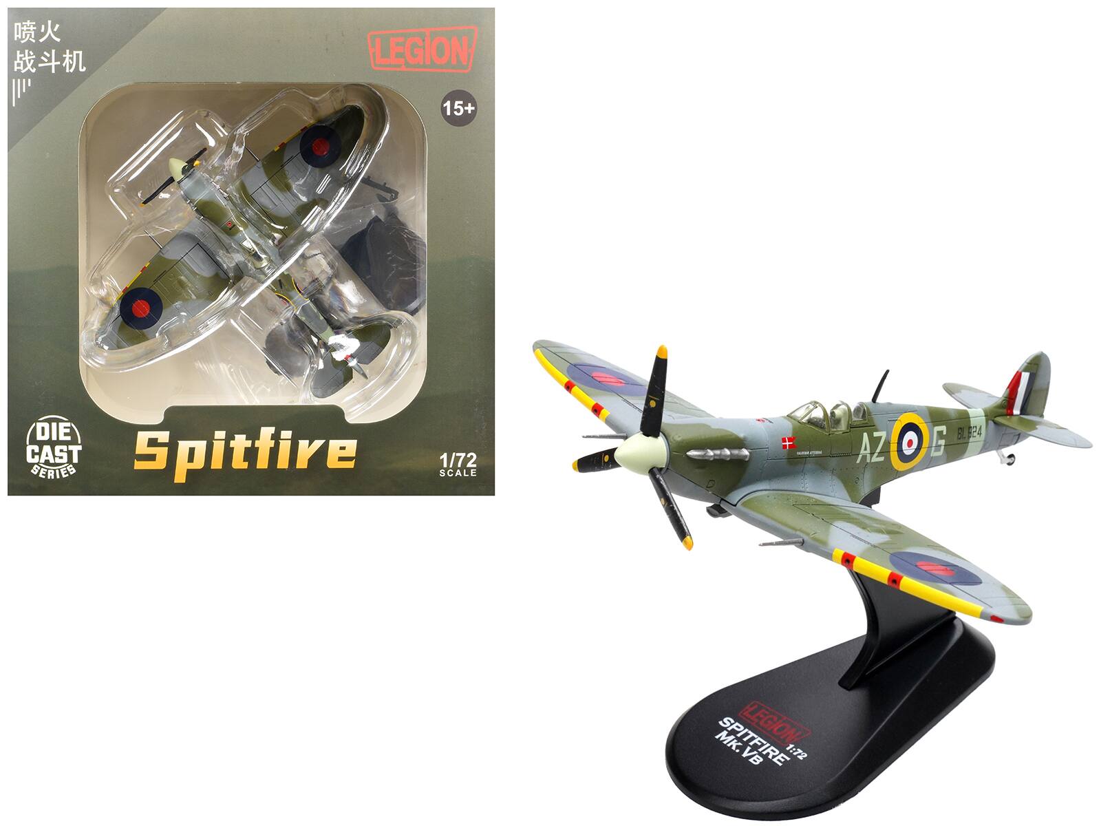 LEGION 15+ DIE CAST Spitfire SERIES 1/72 SCALE  
AZ O BL524 5L G K.  
SPITFIRE LEGIONI 1:72 VB