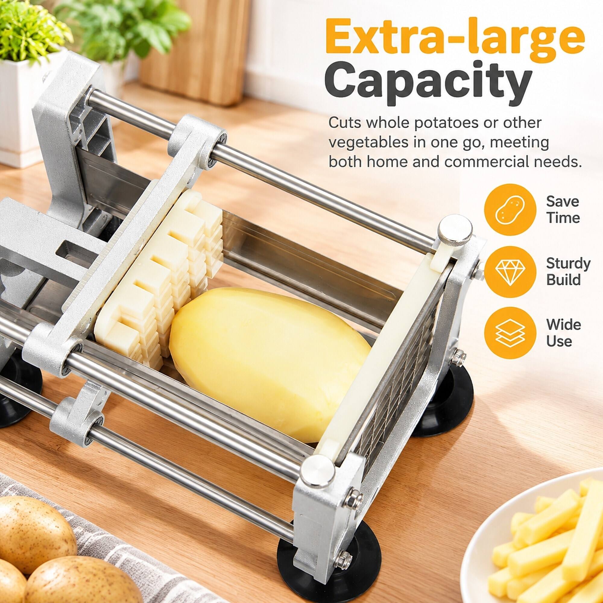 Extra-large Capacity  
Cuts whole potatoes or other vegetables in one go, meeting both home and commercial needs.  
Save Time  
Sturdy Build  
Wide Use