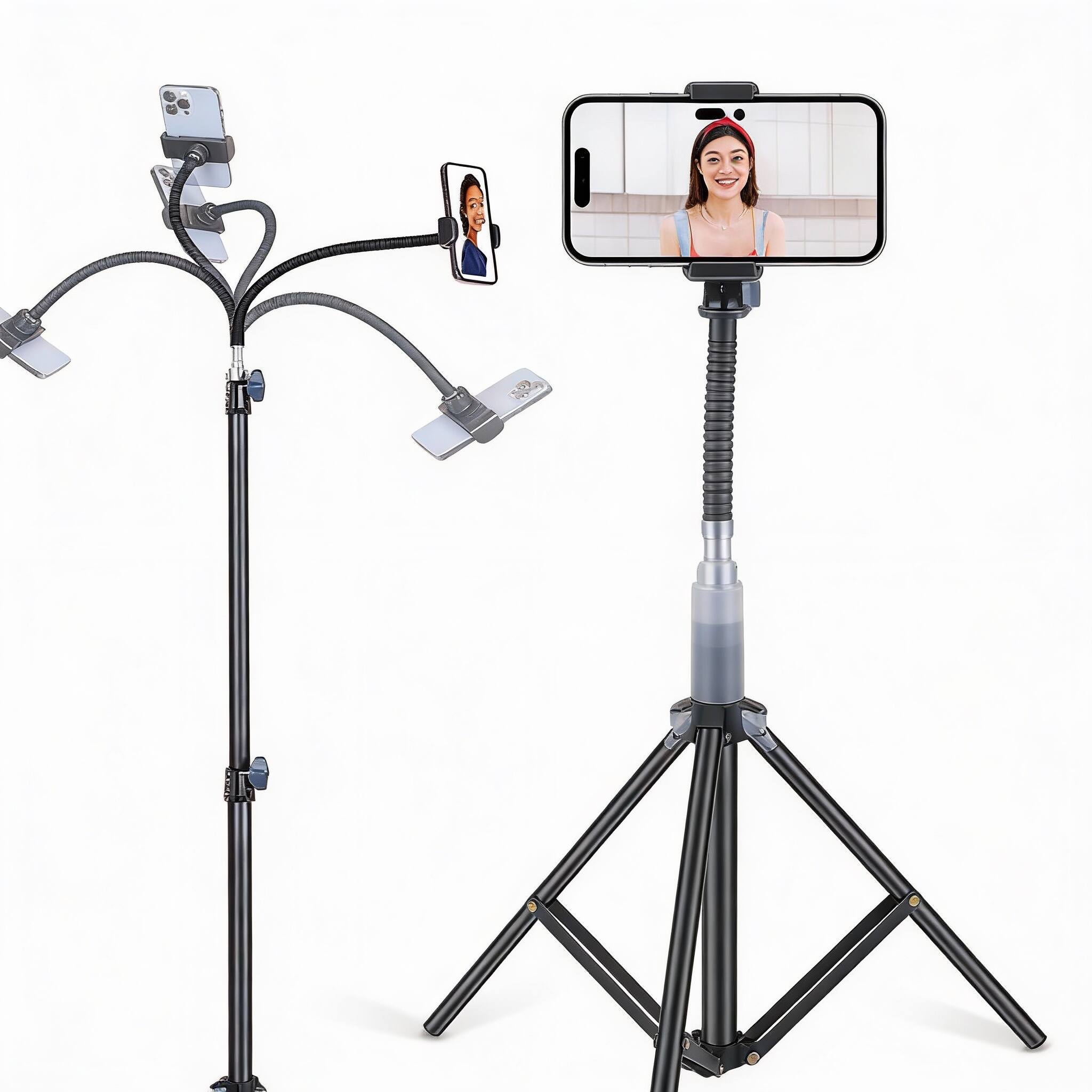 Back. METALTON - Floor Tripod Stand 7 2 Feet Retractable Adjustable Gooseneck Tall For Pro Max Xs With Smart Phone Holder Clamp - Default.