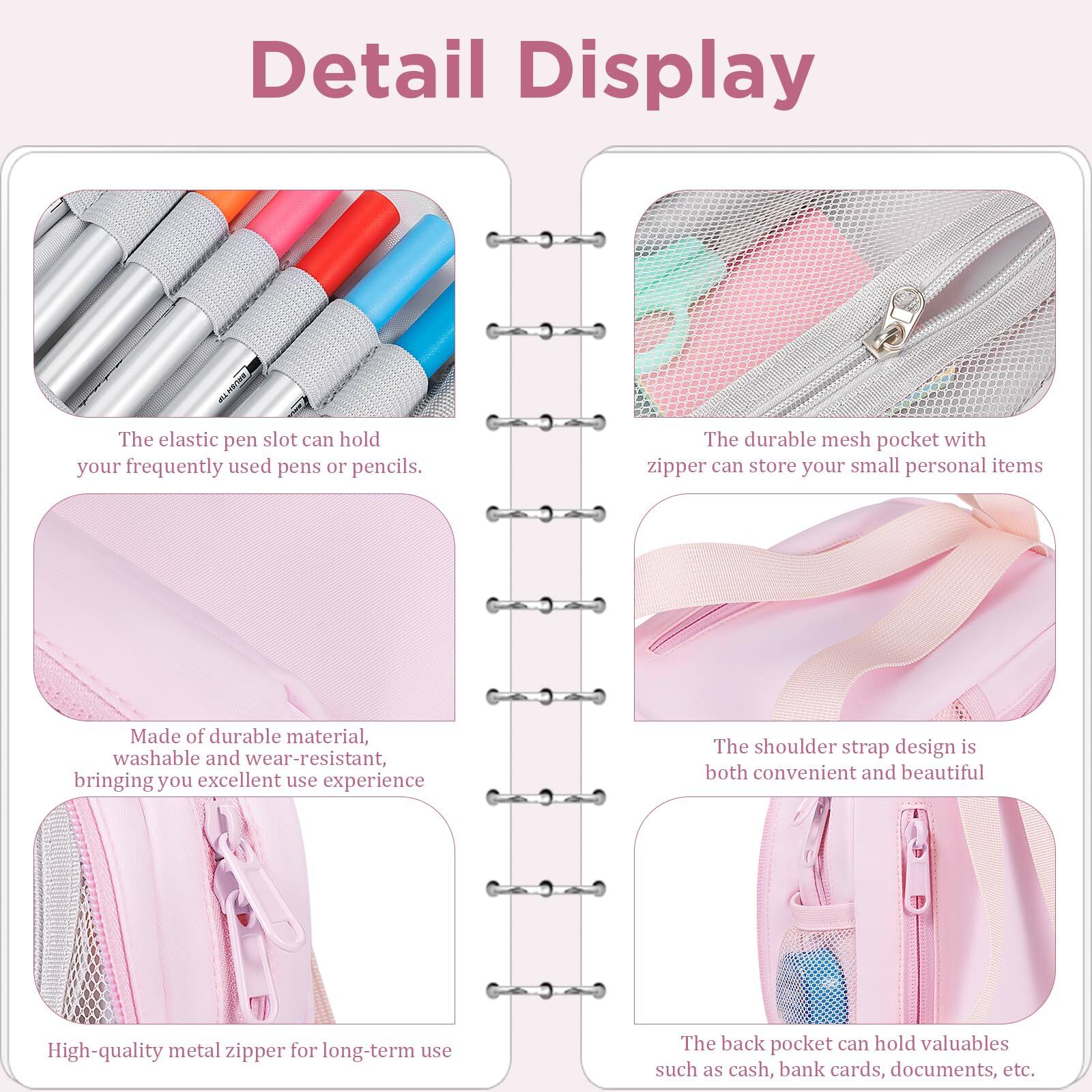 Detail Display

- The elastic pen slot can hold your frequently used pens or pencils.
- The durable mesh pocket with zipper can store your small personal items.
- Made of durable material, washable and wear-resistant, bringing you excellent use experience.
- High-quality metal zipper for long-term use.
- The shoulder strap design is both convenient and beautiful.
- The back pocket can hold valuables such as cash, bank cards, documents, etc.