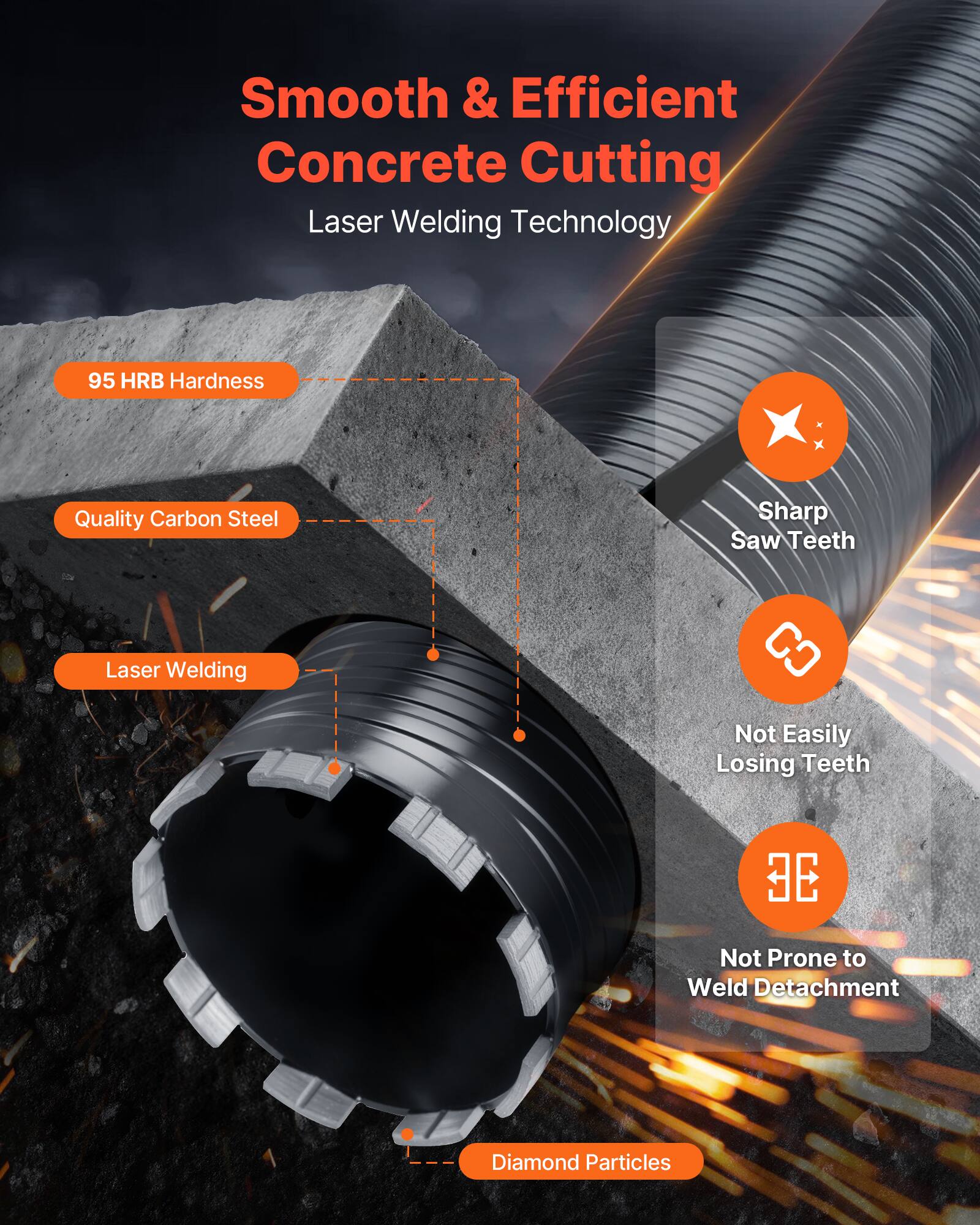 Smooth & Efficient Concrete Cutting  
Laser Welding Technology  

- 95 HRB Hardness  
- Quality Carbon Steel  
- Laser Welding  
- Sharp Saw Teeth  
- Not Easily Losing Teeth  
- Not Prone to Weld Detachment  
- Diamond Particles