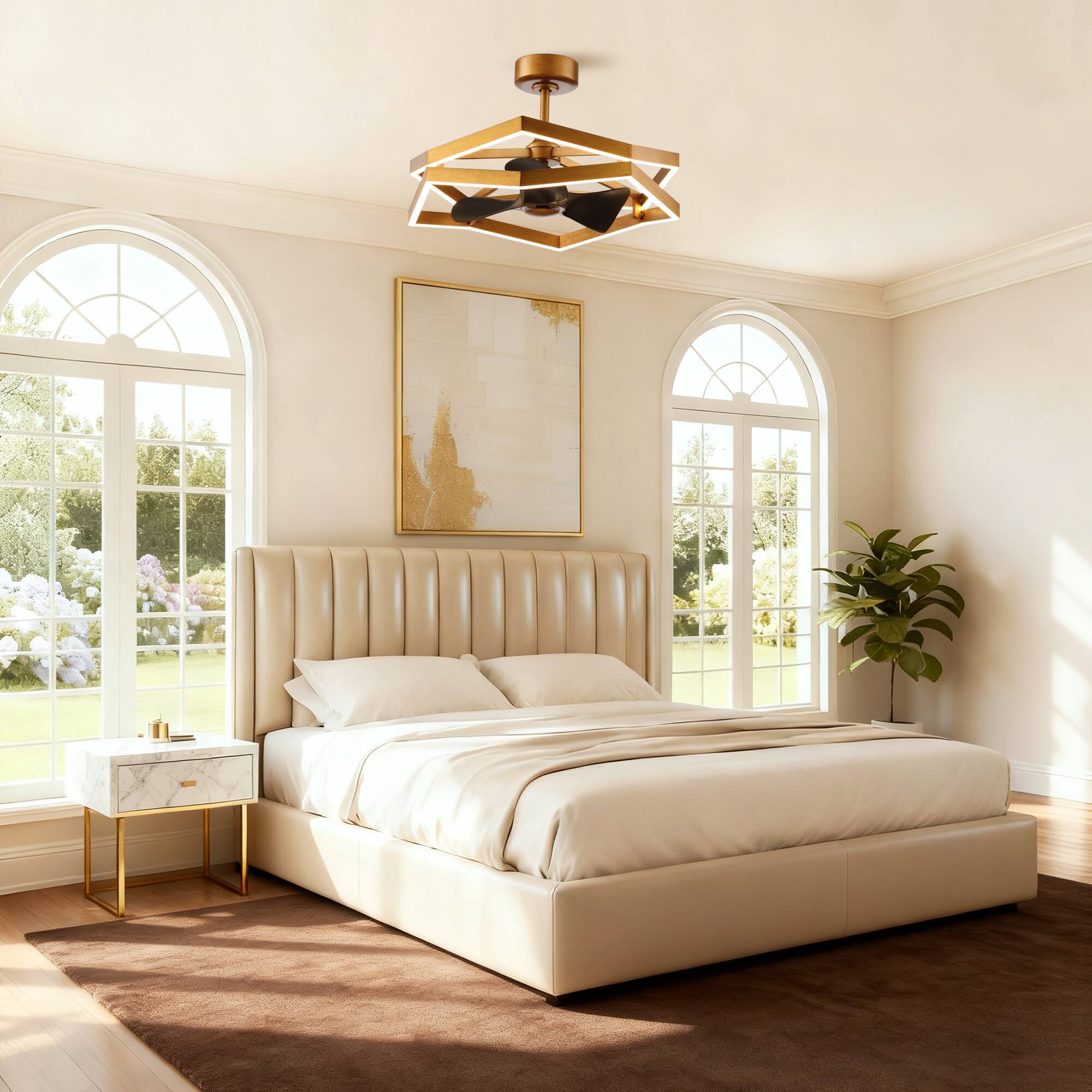 Back. Parrot Uncle - 30"Industrial Balck Antique Brass Irregular LED Fandelier Ceiling Fan with 6 speeds Remote - Brass.