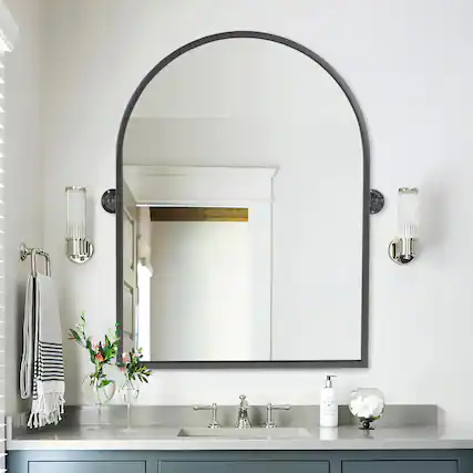 Front. PexFix - 24x36 in. Modern Arched Mirror, Pivoting Metal Frame, for Bathroom Vanity & Entryway - Black.