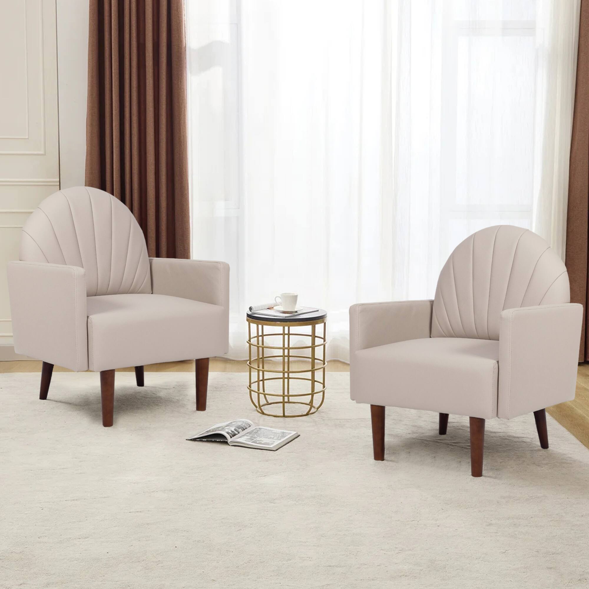 Left. GOODSILO - Contemporary Shell-Shaped Armchair with Upholstered Comfort and Wooden Legs for Versatile Home Decor - Khaki.