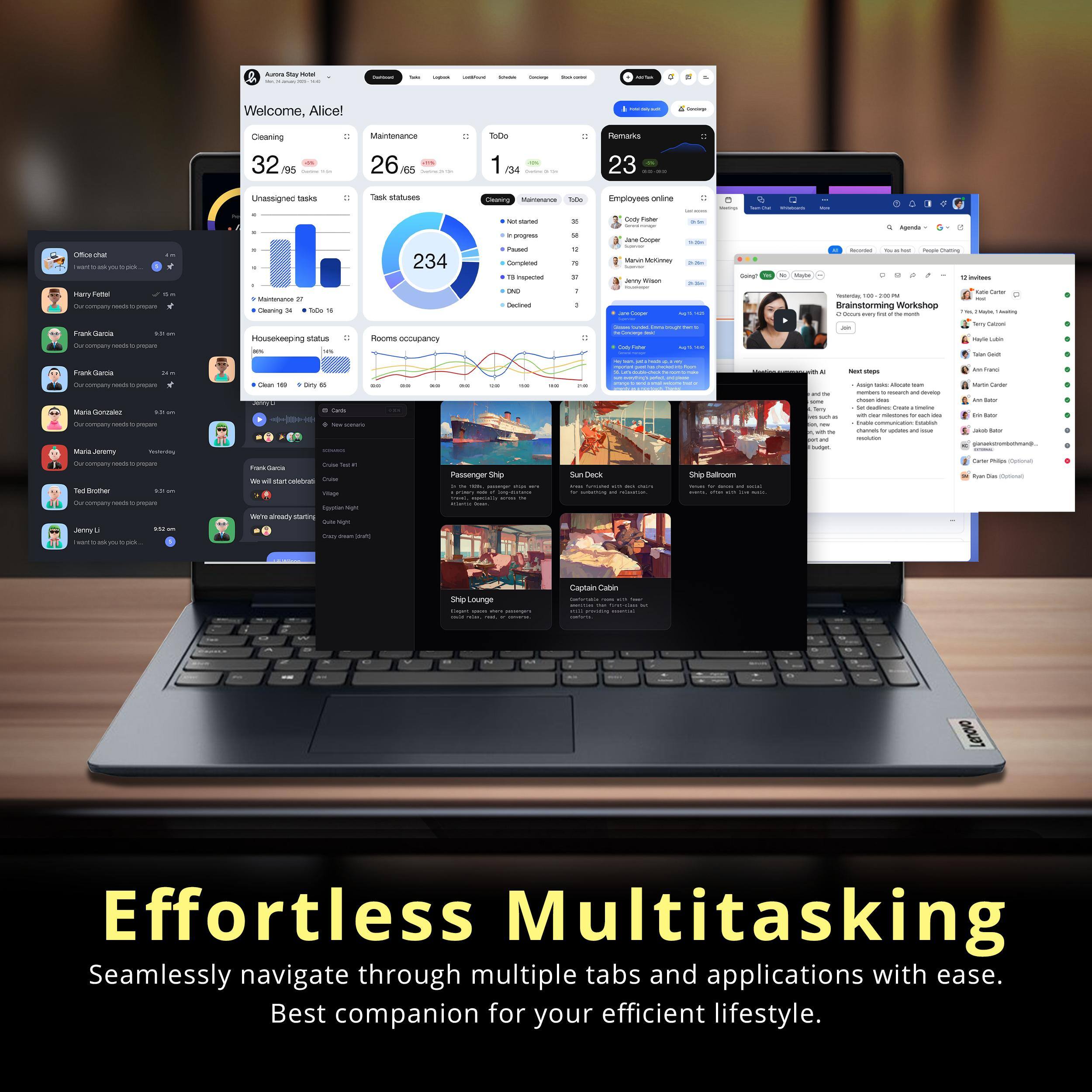- - - : : I e Welcome, Alice! : Ceaning 32 as Maintonance 26 d Bde 1 ce Remarks 23 Unassigned tanks -aaa statuses - - -da Emgroyees onane | Colon - -. mary Ta - - - - Sama - - - - - - Housekeeping tatus - - 234 ima IUMEENS - - P - - 1 - i i - - C | - - - - | I  - - - - - - - - - i - - - Drainstomming Workshop : i - - - - - - - - Fosn - - - TN .. csr I a - -.  i - - - - - - : - - - - - - - - I | - : - - I - I - - - Janemy - - - - T Sote - JE - - i i  mun ve I - - Wes arean mtin - - i - Passenger sn : Sum Cark - - Satrom - - - - - shp Lounge Coptaie caben Effortless Multitasking Seamlessly navigate through multiple tabs and applications with ease. Best companion for your efficient lifestyle.
