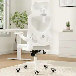 Petrimins - Mesh Office Chair with 3-Way Adjustable Headrest & Lumbar Support, Swivel Desk Chair with Flip-up Arms - White