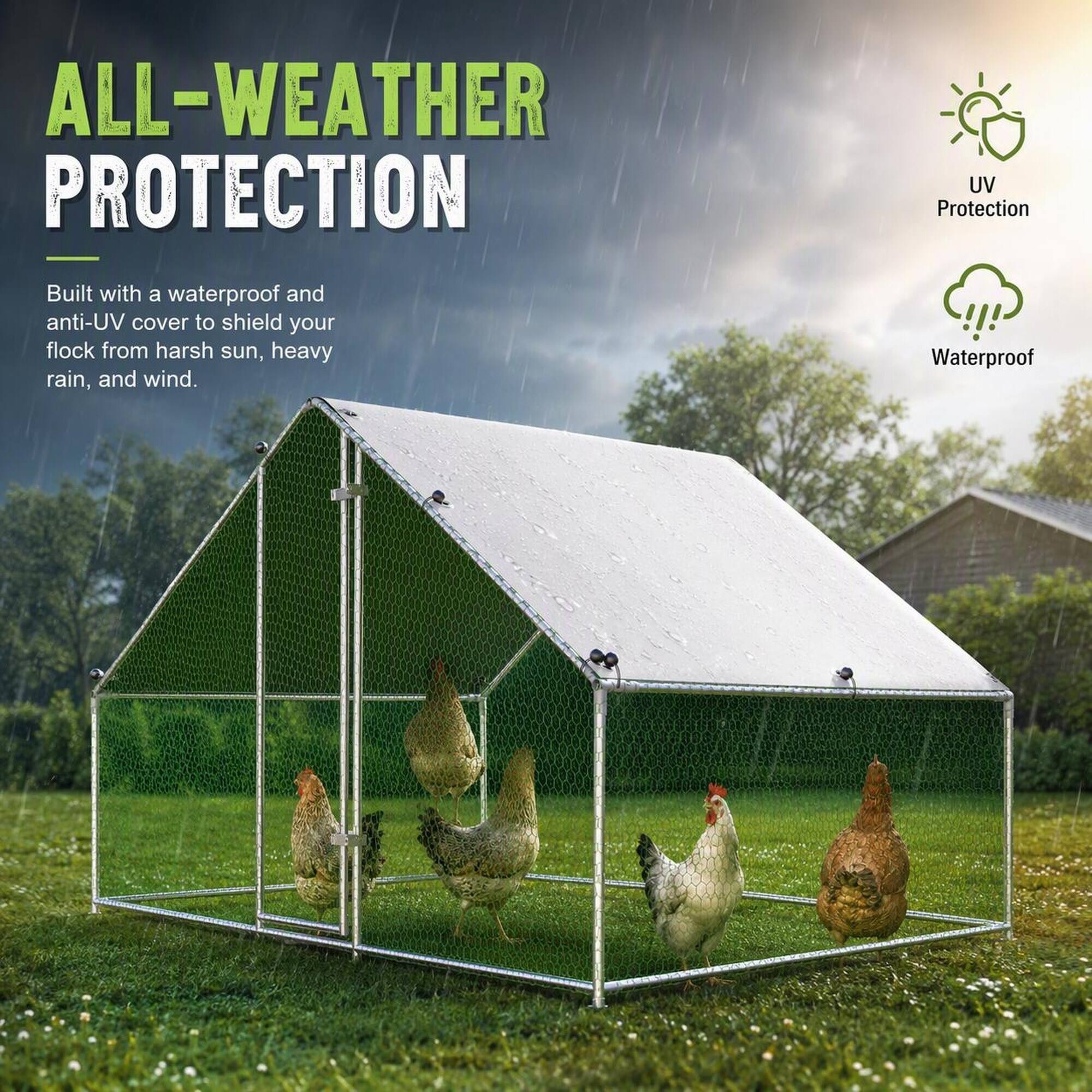 ALL-WEATHER PROTECTION

Built with a waterproof and anti-UV cover to shield your flock from harsh sun, heavy rain, and wind.

UV Protection
Waterproof