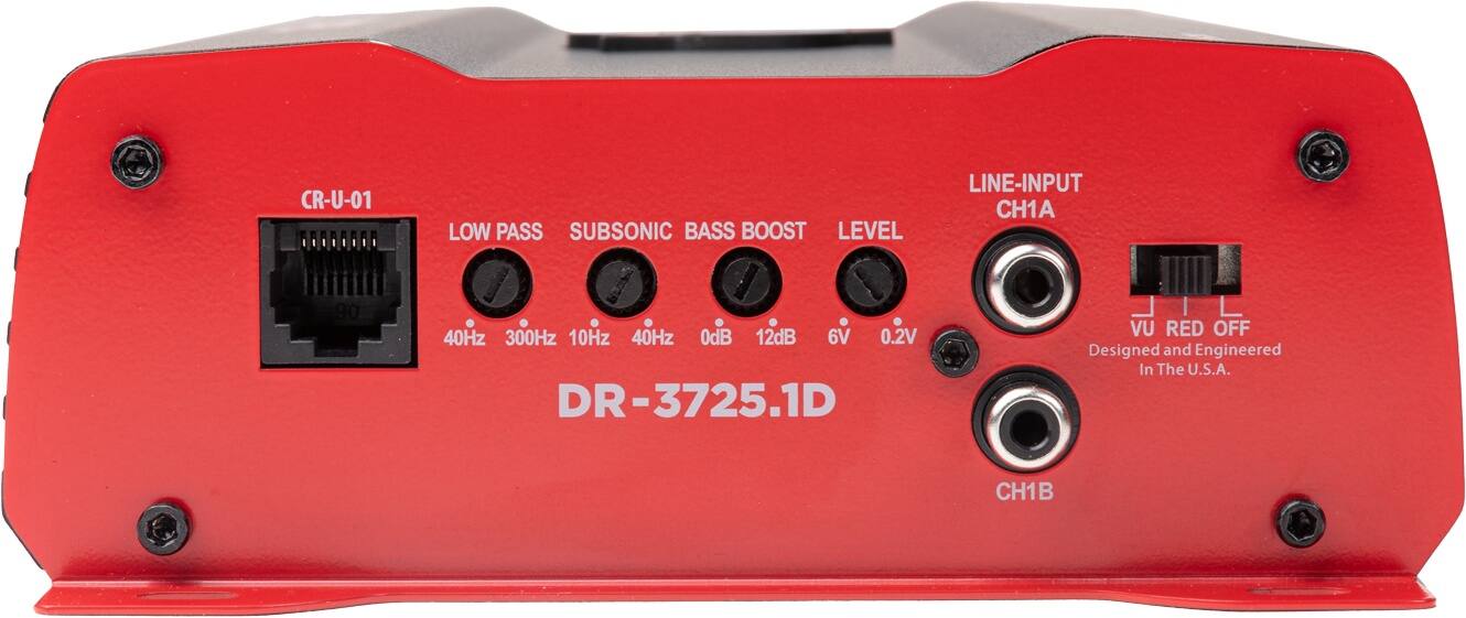 CR-U-01 LOW PASS SUBSONIC BASS BOOST LEVEL LINE-INPUT CH1A 40Hz 300Hz 10Hz 40Hz 0dB 12dB 6V 0.2V DR-3725.1D VU RED OFF Designed and Engineered In The U.S.A. CH1B