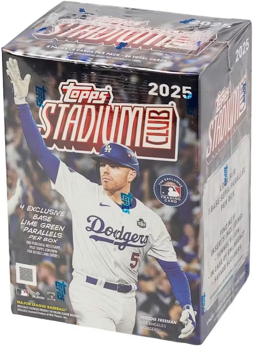 2025 Topps Stadium  
8 Packs - 5 Cards Per Pack  
2025 Special - 40 Total Cards  
Exclusive Lime Green Base Parallels Per Box  
4 Exclusive Base Lime Green Parallels Per Box  
(No Purchase Necessary. Visit Topps.com/NPN for details and entry.)  
1 Base Jersey Parallel Per Box  
Inserts: Tunnel Vision, In Case of Sludge, Savage Virulence  
Freddie Freeman  
Los Angeles Dodgers  
Officially Licensed Product of Major League Baseball Players, Inc.