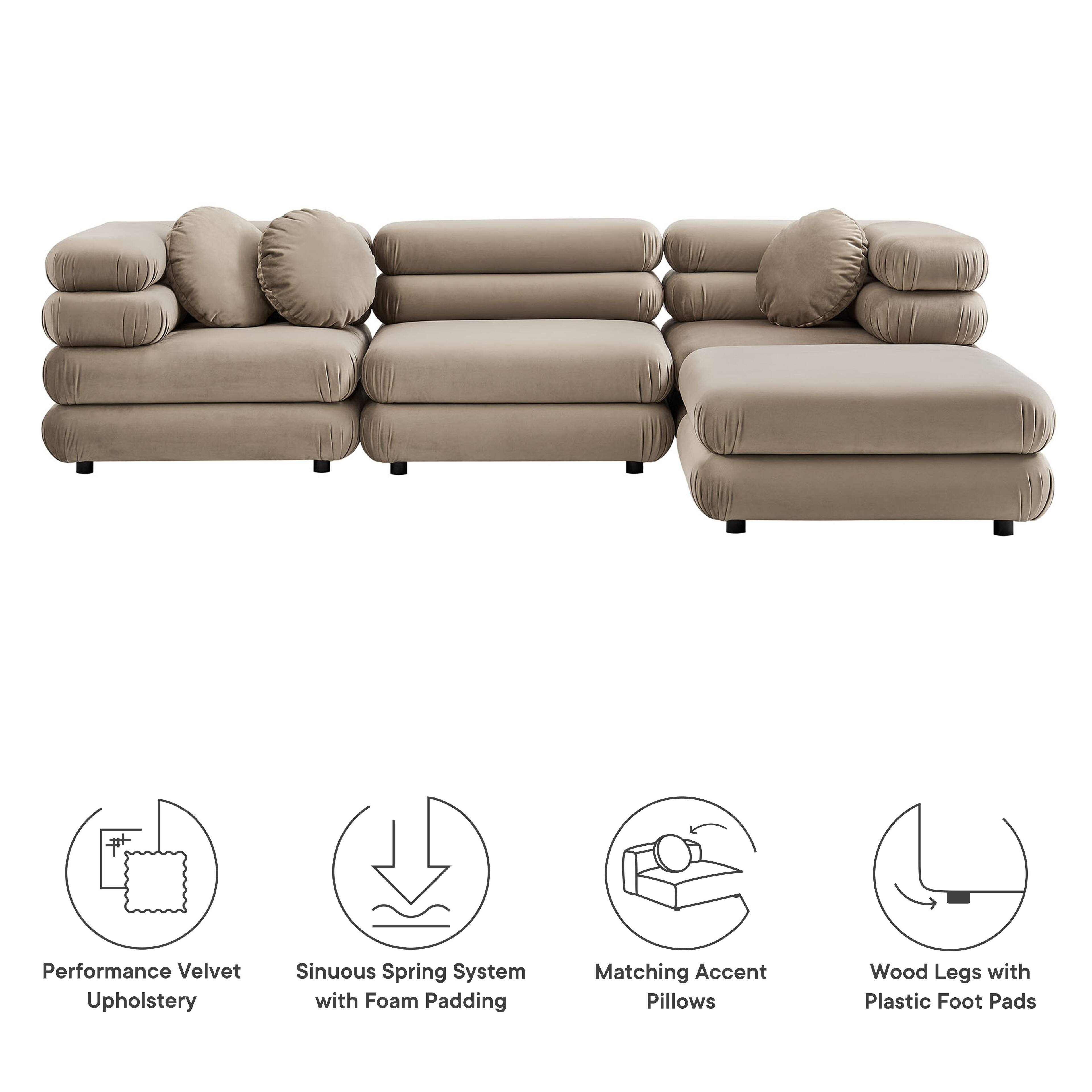 Performance Velvet Upholstery, Sinuous Spring System with Foam Padding, Matching Accent Pillows, Wood Legs with Plastic Foot Pads