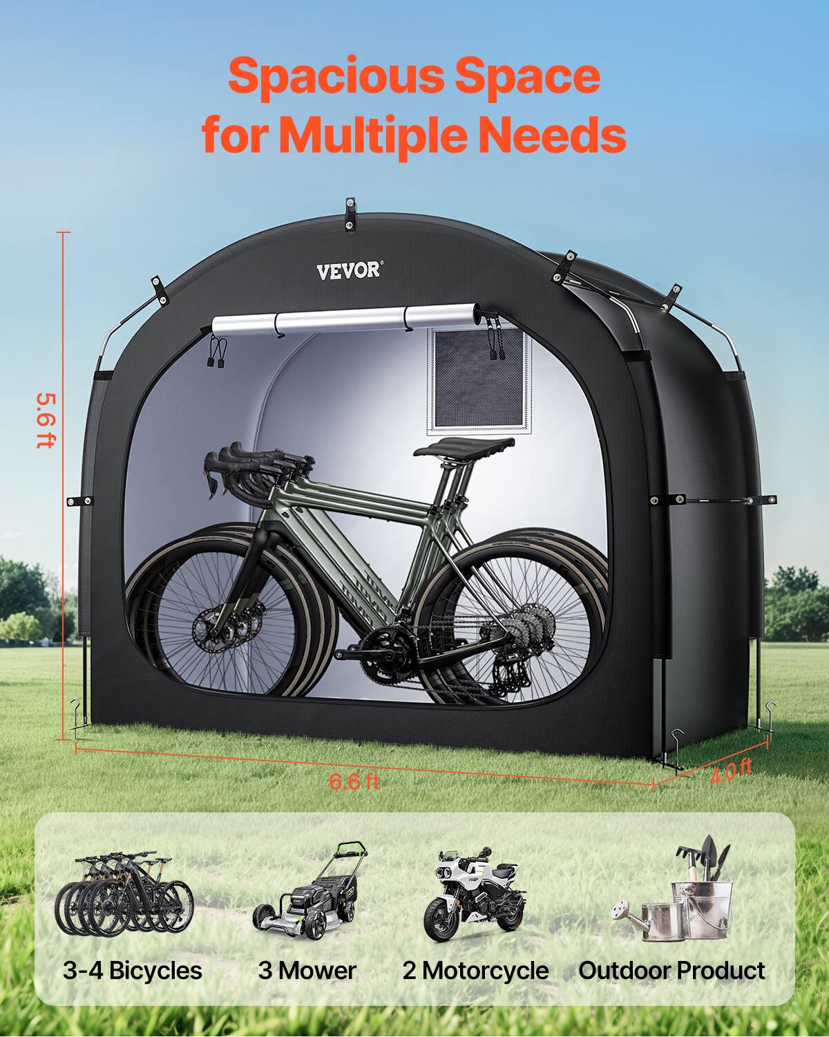Spacious Space for Multiple Needs VEVOR 5.6ft 6.6ft 4.0ft 3-4 Bicycles 3 Mower 2 Motorcycle Outdoor Product