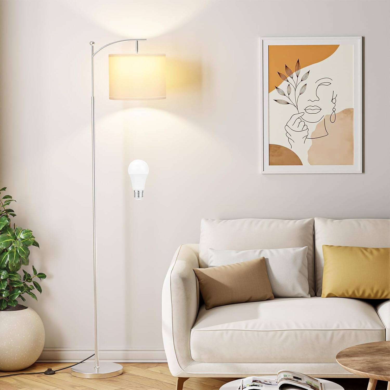 Cozy Serene - Lamp Bulb Adjustable LED modern Floor Lamps Living Room with Color Temperatures Standing Tall Linen Shade - white & silver-60 inches