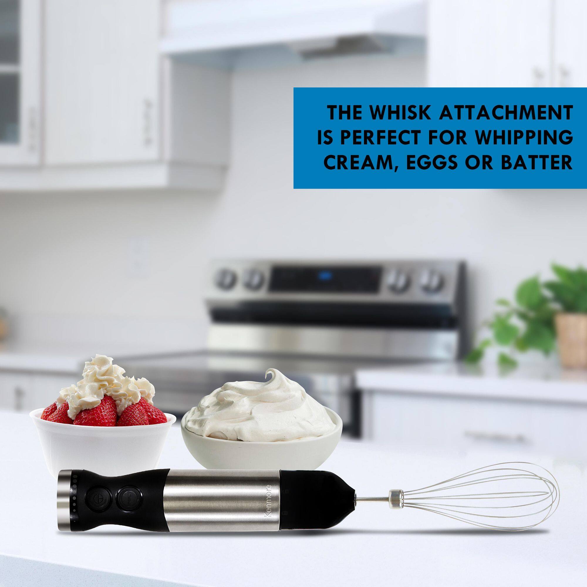The whisk attachment is perfect for whipping cream, eggs or batter.