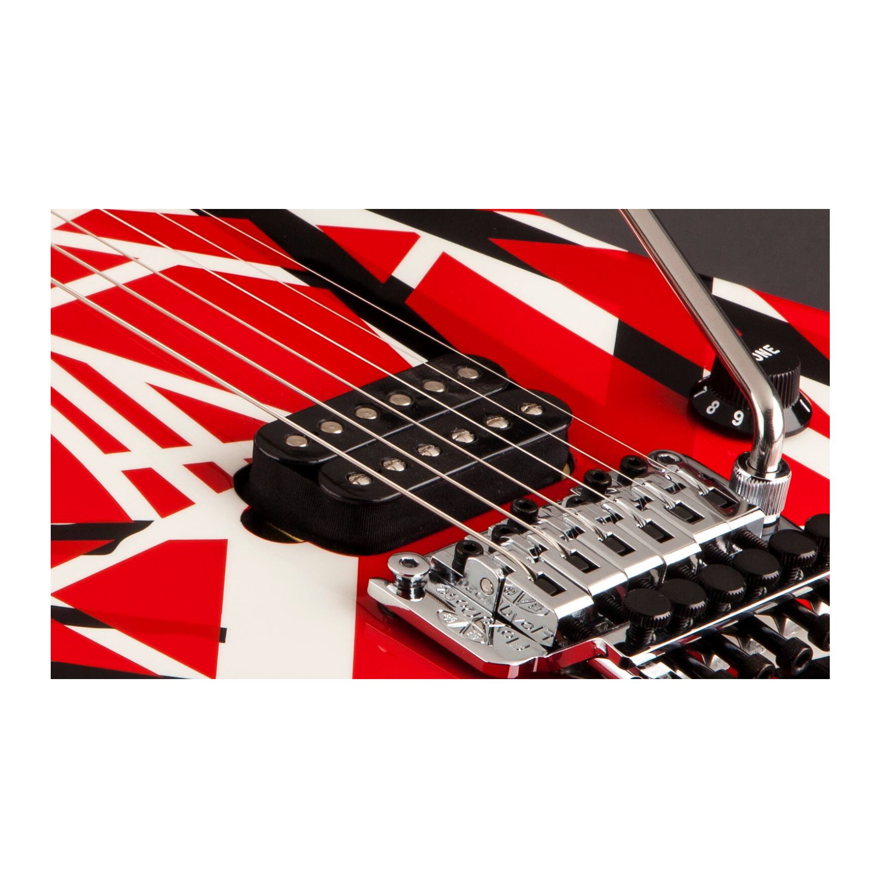 Angle. EVH - EVH Striped Series 6-String Electric Guitar (Red with Black Stripes) with Case.