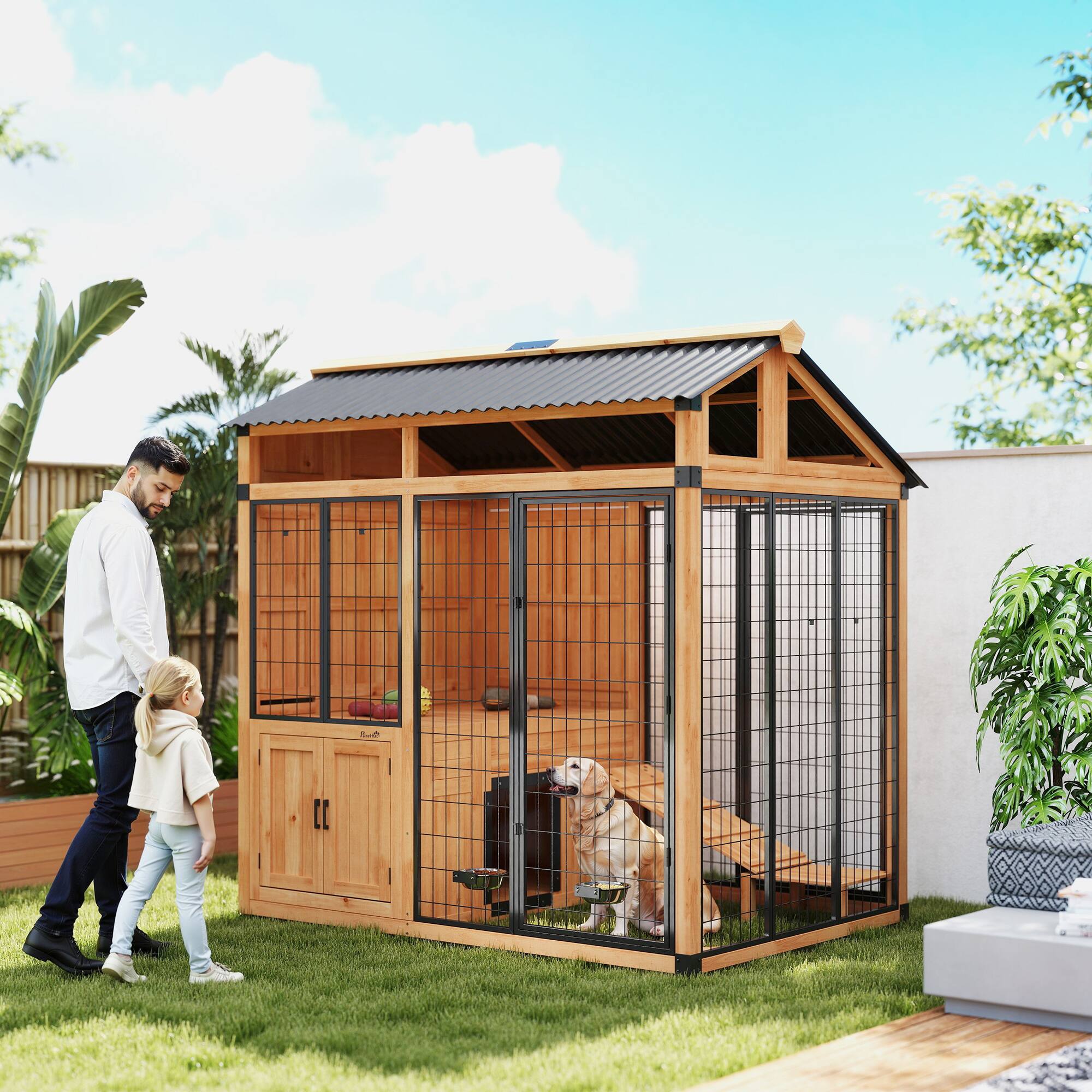 Alt View 1. Pawhut - 7' x 5' Extra Large Dog House, Wood Outdoor Dog Kennel with Platform - Yellow.