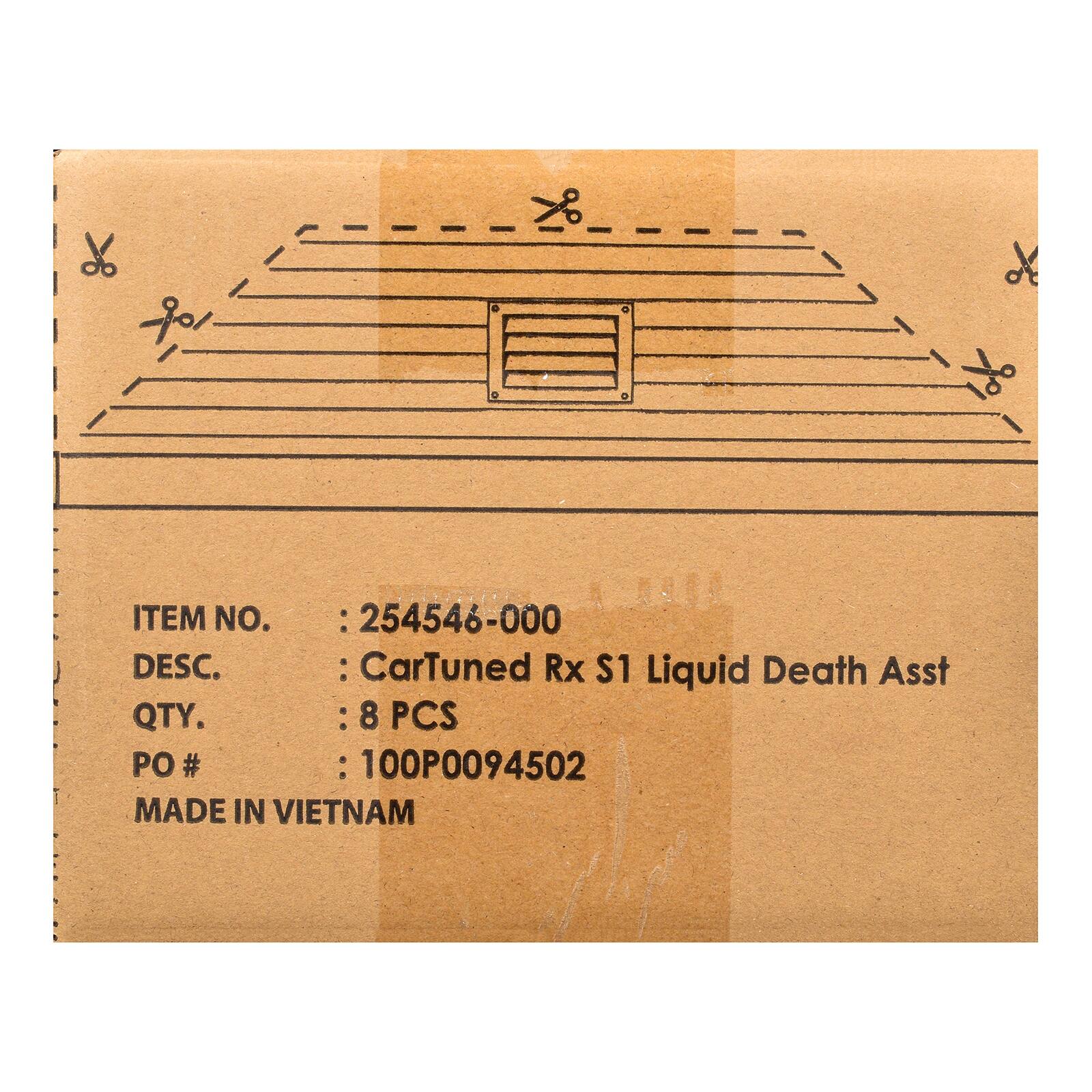Yo  
%  
0  

D  
ITEM NO. : 254546-000  
DESC. : CarTuned Rx S1 Liquid Death Asst  
QTY. : 8 PCS  
PO# : 100P0094502  
MADE IN VIETNAM