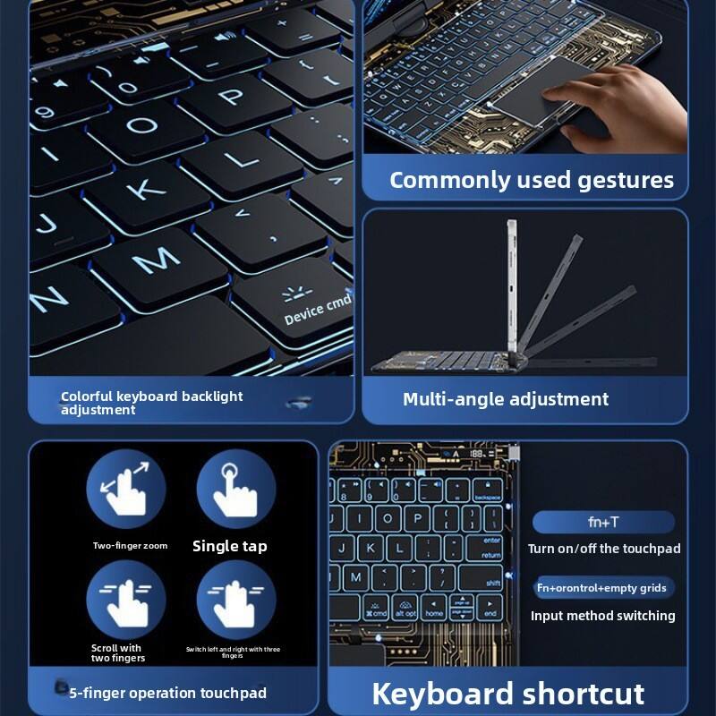 9 / J  1 ) O O K M + = I } d a F 1 al D W P G K A z -  L V

Commonly used gestures
- Colorful keyboard backlight adjustment
- Multi-angle adjustment
- Two-finger zoom
- Single tap
- Scroll with two fingers
- Switch left and right with three fingers
- 5-finger operation touchpad

Keyboard shortcut
- fn+T: Turn on/off the touchpad
- Fn+control+empty grids: Input method switching