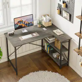 Bestier - L-Shaped Corner Computer Desk with Storage Shelf - 48" wide - Wash Grey