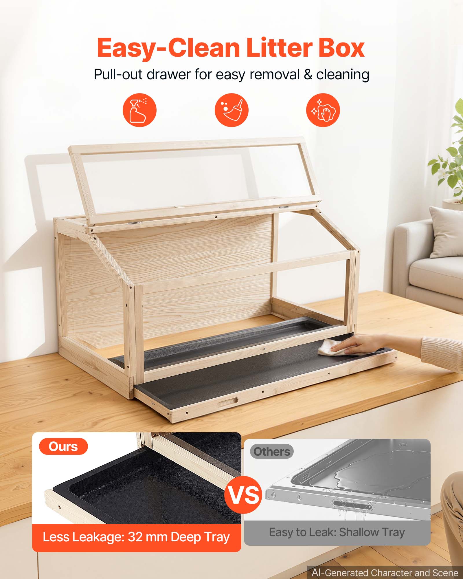 Easy-Clean Litter Box  
Pull-out drawer for easy removal & cleaning  

Ours VS Others  
Less Leakage: 32 mm Deep Tray  
Easy to Leak: Shallow Tray  

AI-Generated Character and Scene