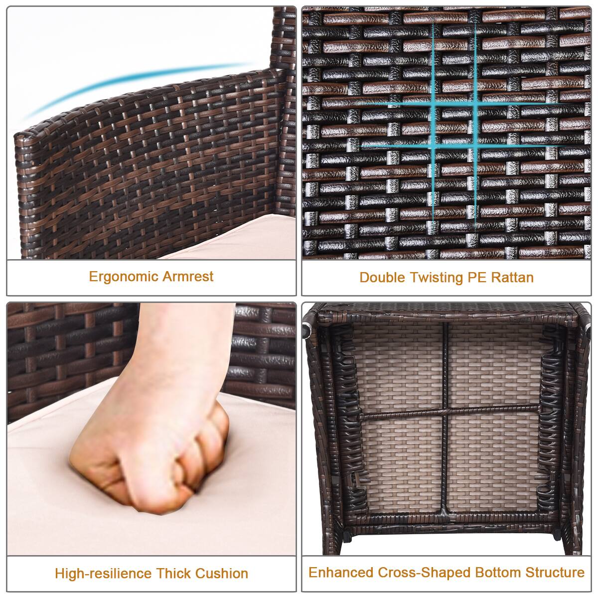 - Ergonomic Armrest
- Double Twisting PE Rattan
- High-resilience Thick Cushion
- Enhanced Cross-Shaped Bottom Structure