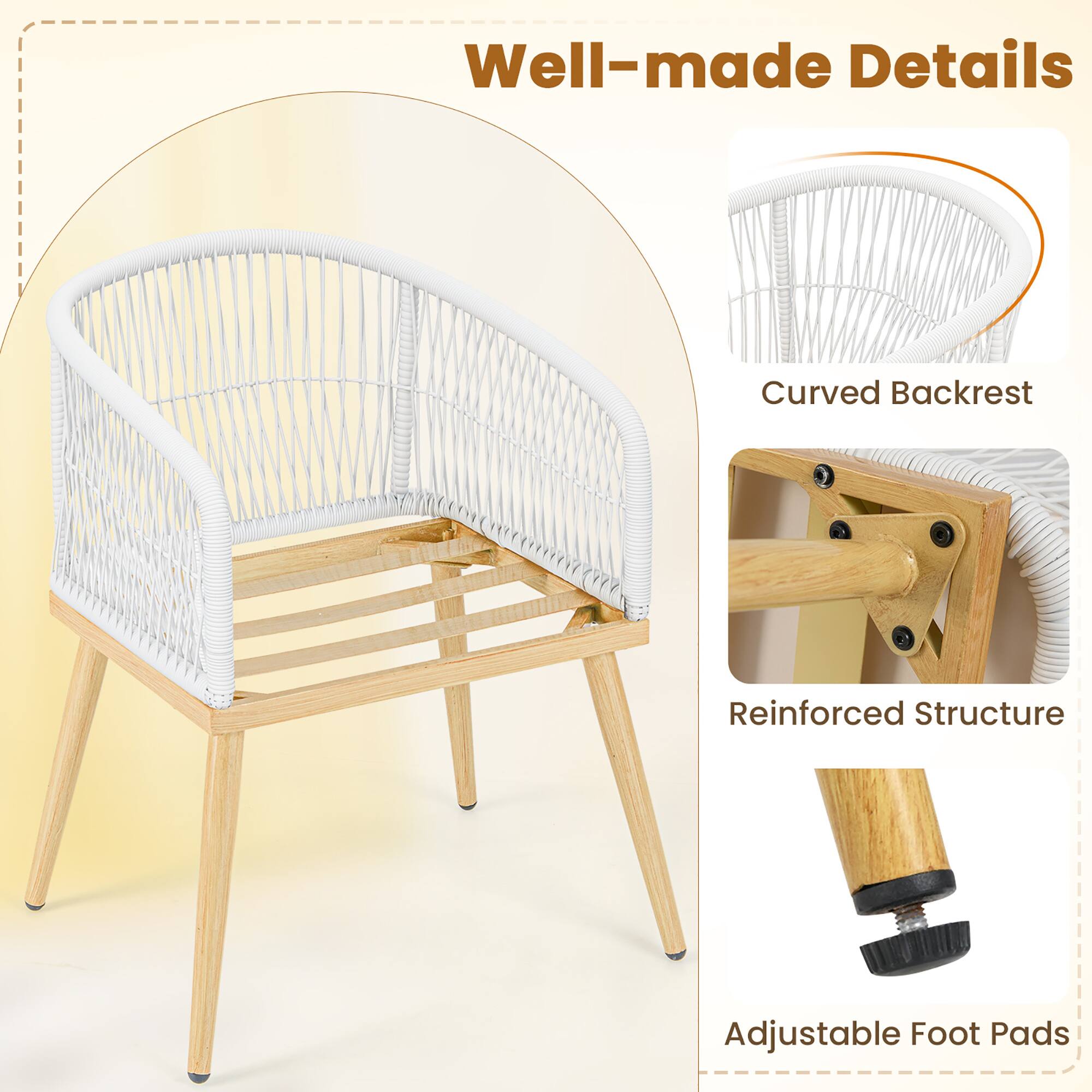 Well-made Details

- Curved Backrest
- Reinforced Structure
- Adjustable Foot Pads
