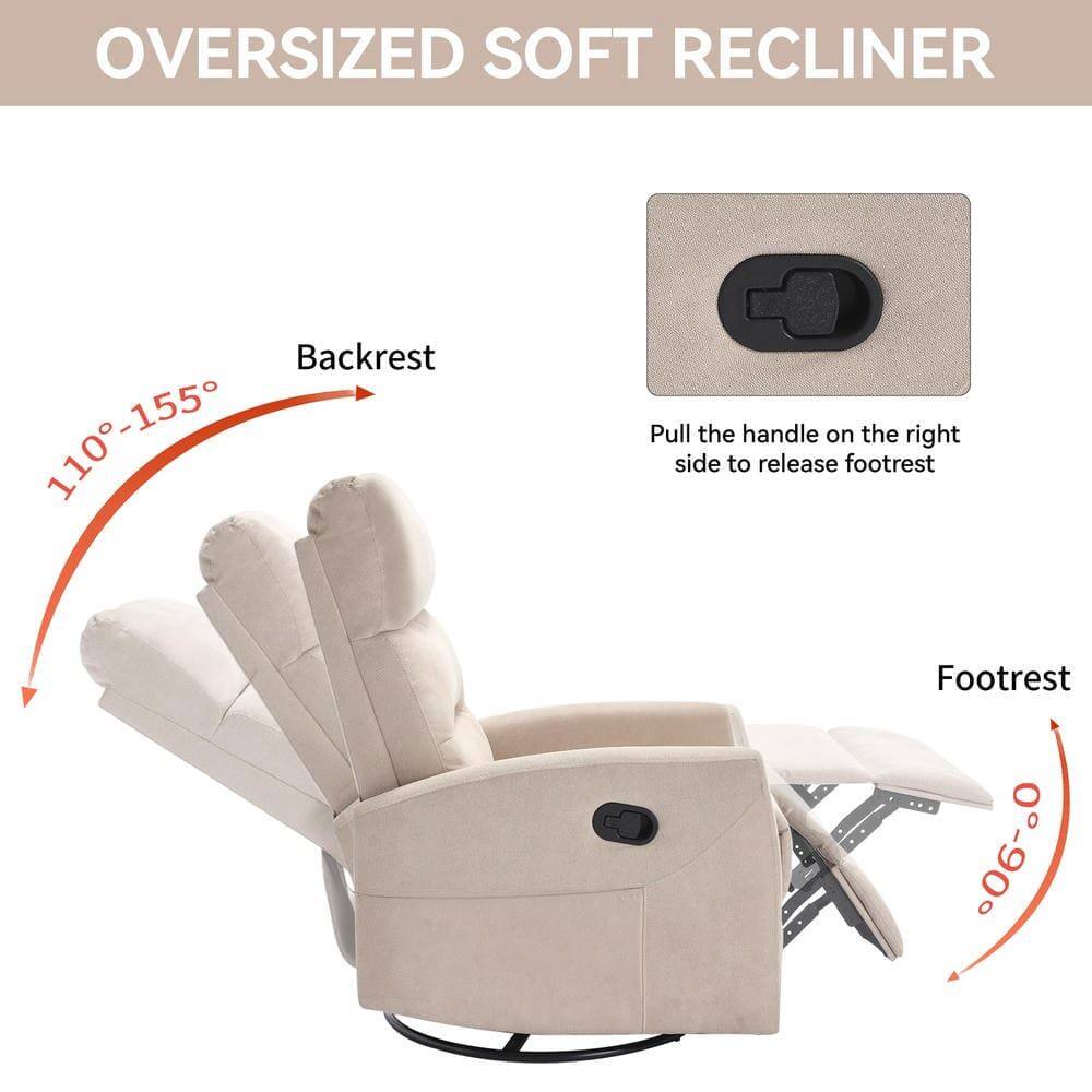 **OVERSIZED SOFT RECLINER**

- **Backrest:** 110°-155°
- **Footrest:** 0°-90°

**Instructions:**
- Pull the handle on the right side to release footrest.