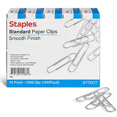 Staples
Standard Paper Clips
Smooth Finish
Distributed by Staples, Inc.
500 Staples Drive
Framingham, MA 01702
Made in India
2023 Staples Inc. and its affiliates
Product Support 800-425-0049
7 18103 41486 9 NA2
10 Pack • 1000 Qty (100/Pack)
ST72377