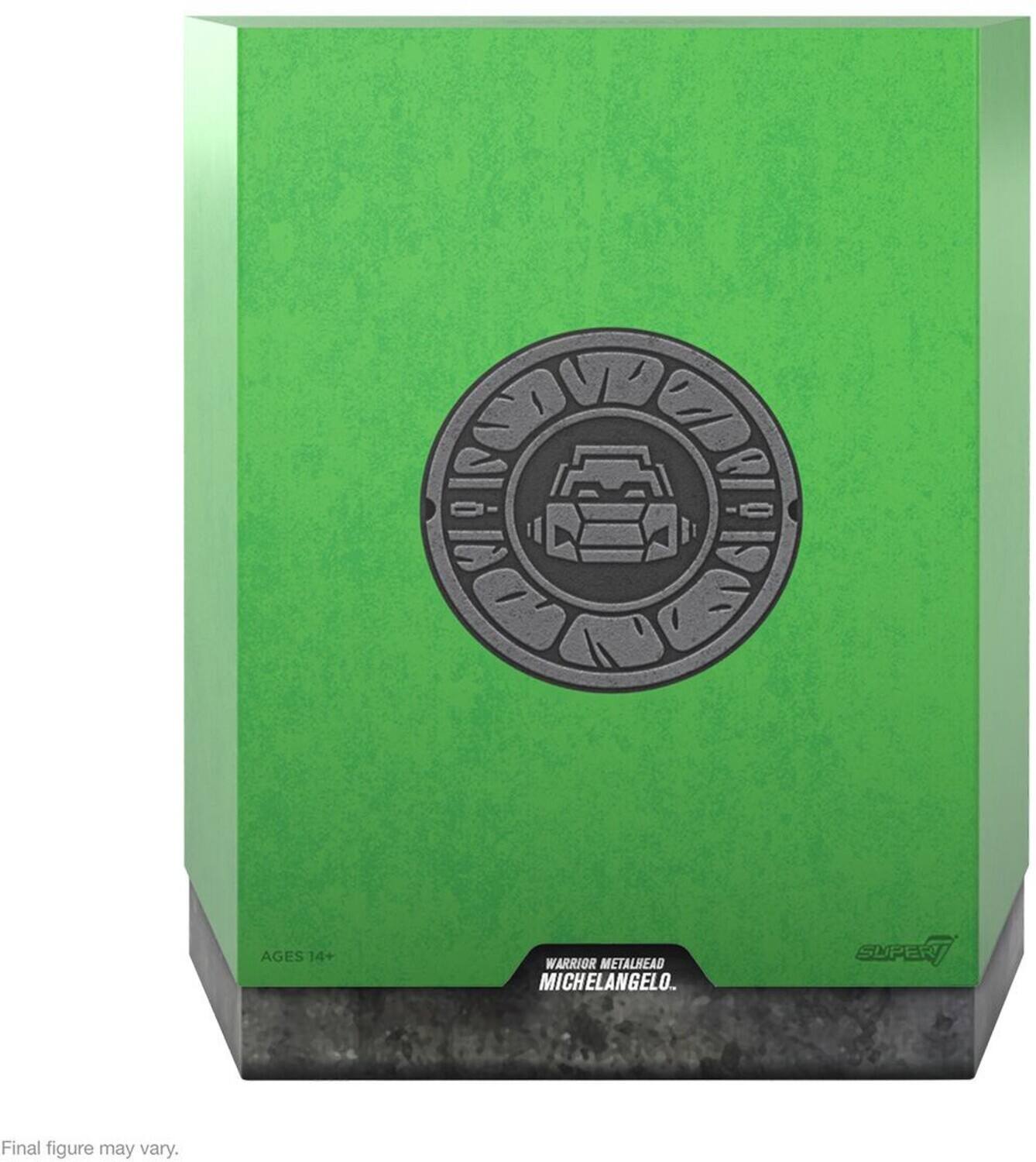 The corrected text is:

"AGES 14+ WARRIOR METALHEAD MICHELANGELO. SUPERT Final figure may vary."