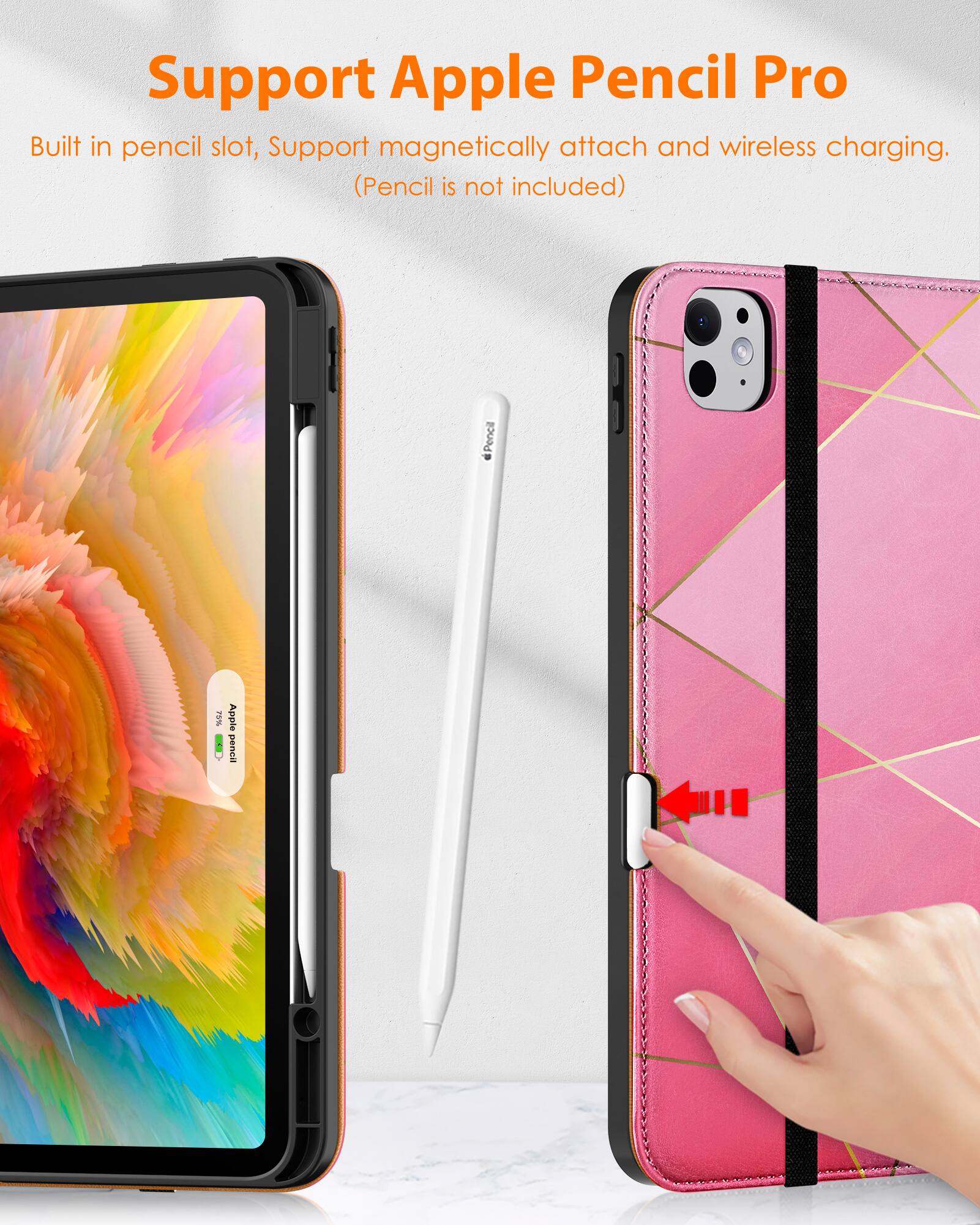 Support Apple Pencil Pro

Built in pencil slot, Support magnetically attach and wireless charging. (Pencil is not included)