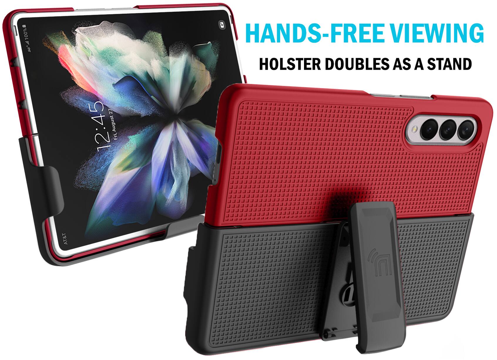 100% Y S6 27 12:45 August Fri, HANDS-FREE VIEWING HOLSTER DOUBLES AS A STAND