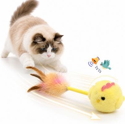 Front. PawsPik - PawsPik Interactive Spinning Feather Chick Electronic Plush Cat Toy, Yellow - Yellow.
