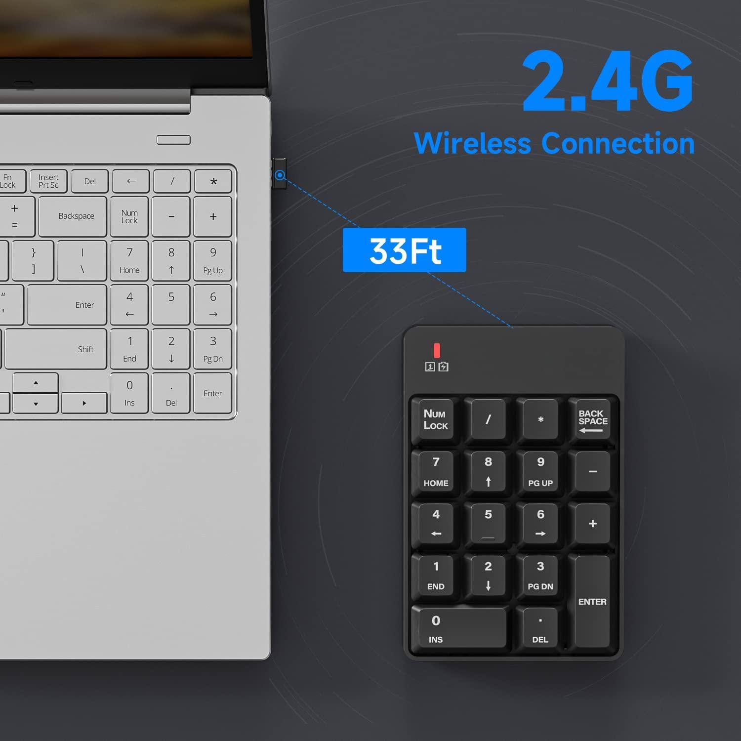 2.4G Wireless Connection  
33Ft  

Num Lock / * / + =  
Backspace / Num Lock / -  
Home / 7 8 9 PgUp  
Enter / 4 5 6 +  
Shift / 1 2 3 PgDn  
End / 0 . Ins Del  

Num Lock / / * Back Space  
7 Home 8 9 Pg Up  
4 5 6 +  
1 End 2 3 Pg Dn  
0 Ins Del Enter