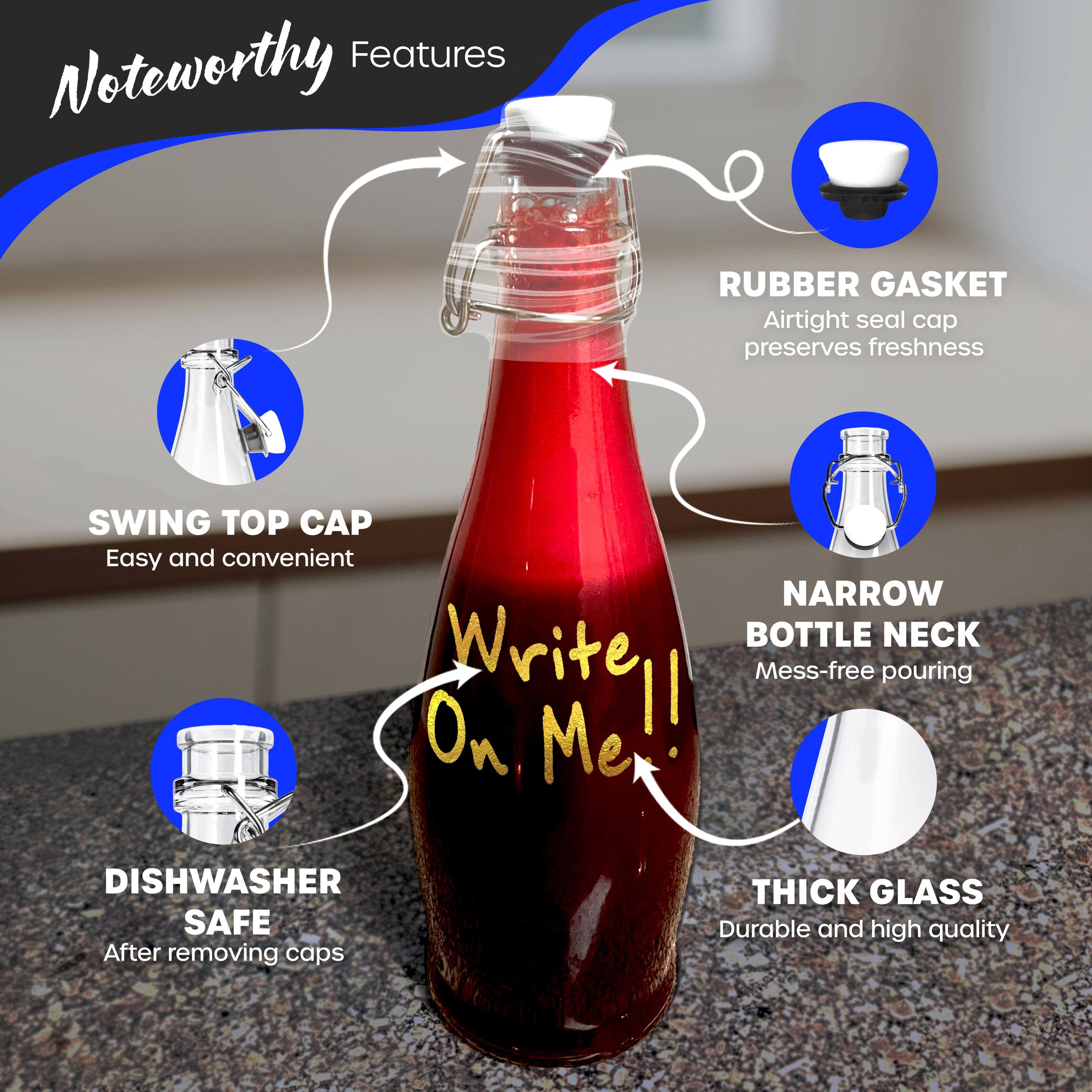Noteworthy Features

- RUBBER GASKET: Airtight seal cap preserves freshness
- SWING TOP CAP: Easy and convenient
- NARROW BOTTLE NECK: Mess-free pouring
- THICK GLASS: Durable and high quality
- DISHWASHER SAFE: After removing caps