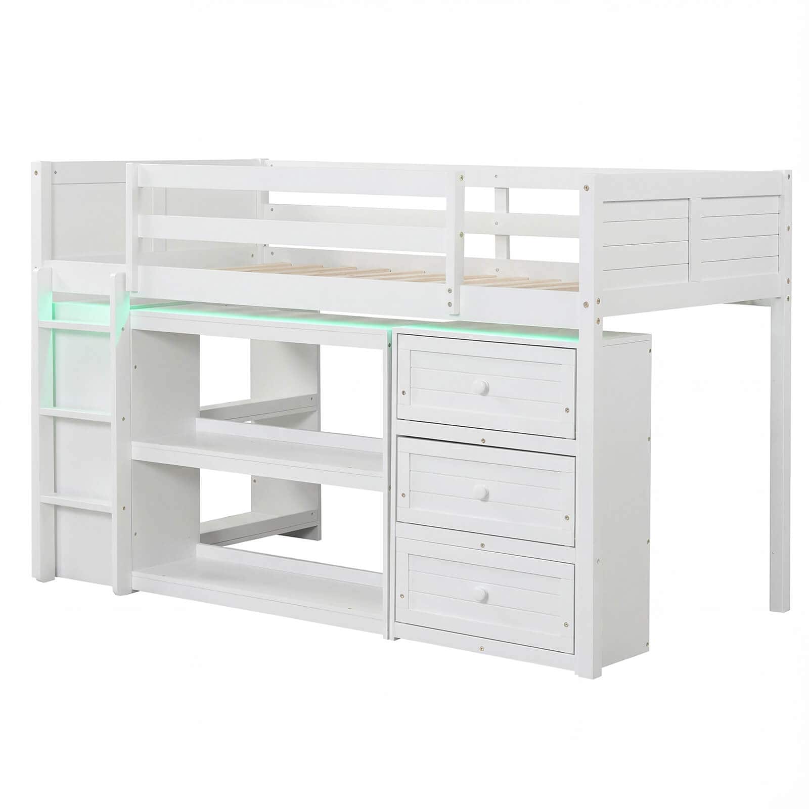 Costway - Twin Size Loft Bed with LED Lights Underbed Space Drawers Shelves Ladder - White