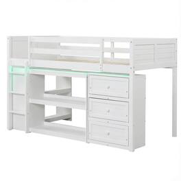 Costway - Twin Size Loft Bed with LED Lights Underbed Space Drawers Shelves Ladder - White