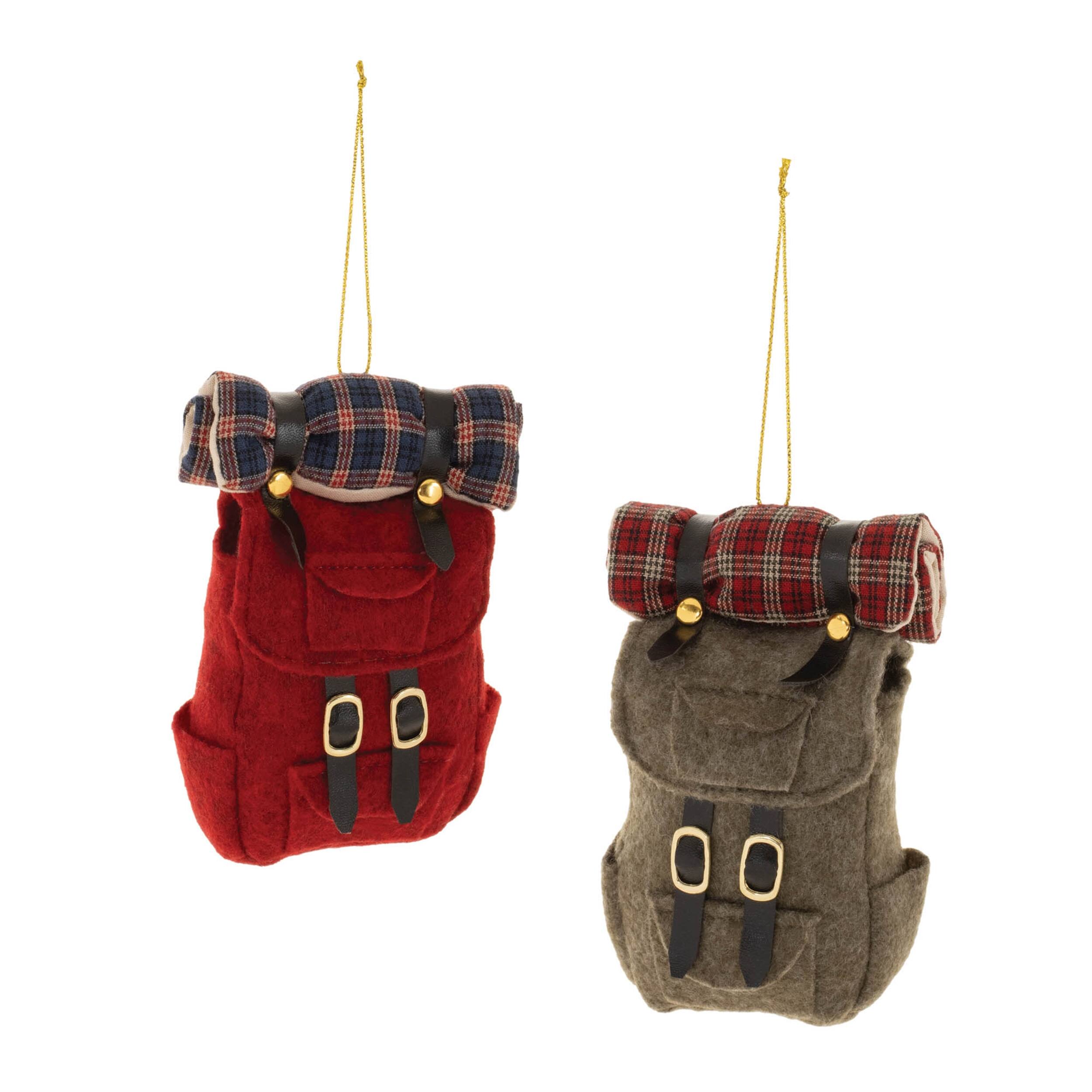 Front. BreeBe - Hiking Backpack Ornament (Set of 12) - Red, Green, Brown.