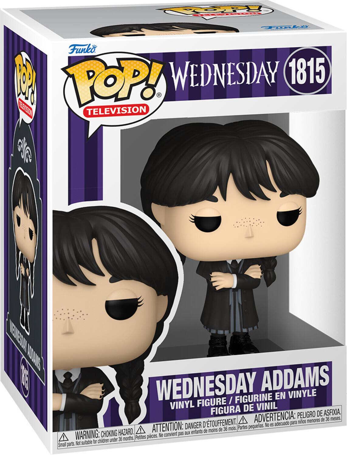 Sure, here is the corrected and grouped text from the image:

---

**Front:**
- Funko POP! TELEVISION
- WEDNESDAY 1815
- WEDNESDAY ADDAMS
- VINYL FIGURE / FIGURINE EN VINYLE / FIGURA DE VINIL

**Warnings:**
- WARNING: CHOKING HAZARD. Small parts. Not suitable for children under 36 months.
- ATTENTION: DANGER D'ÉTOUFFEMENT. Petites pièces. Ne convient pas aux enfants de moins de 36 mois.
- ADVERTENCIA: PEORO DE ASFIXIA. D'TOUFFEMENT. No es adecuado para niños menores de 36 meses.

**Side:**
- Funko POP! TELEVISION
- WEDNESDAY ADDAMS 1815

---